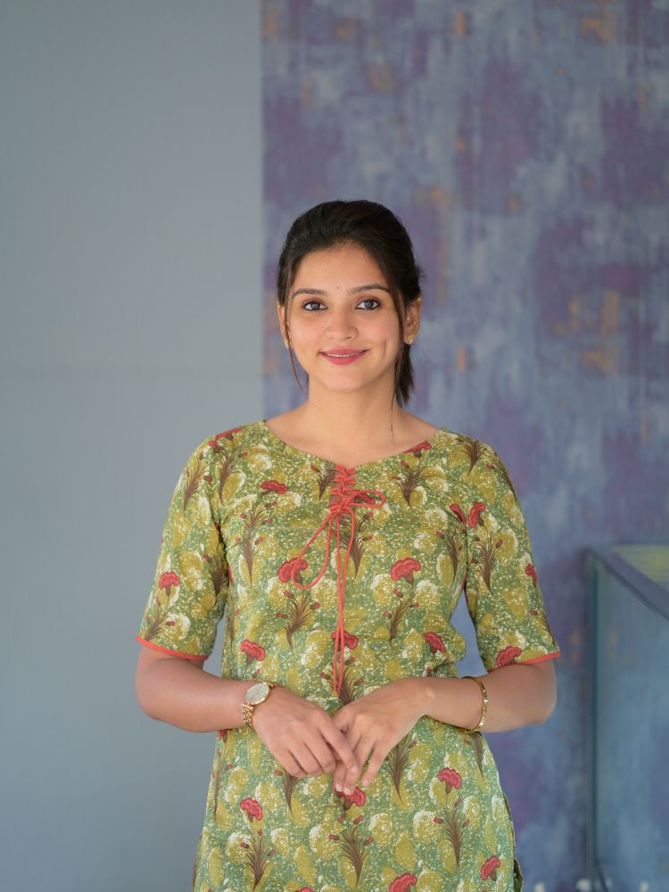 Puvi (Olive green) - Handloom Cotton Kurta set in Olive green and Red flower prints