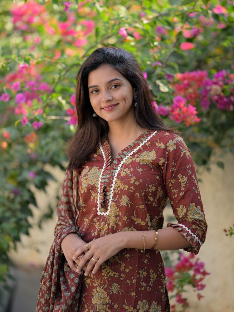 Madhavi (Maroon) – Floral Handloom Cotton Kurta Set with Dupatta in Rustic Maroon
