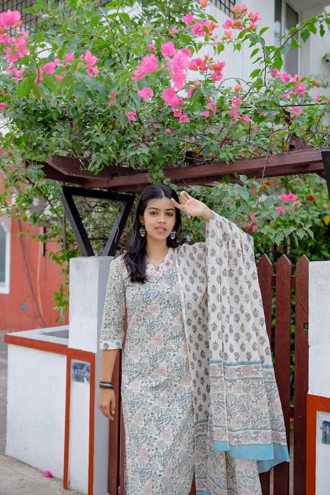 Anika - hand block floral printed organic cotton with mild embroidery suit set with matching dupatta