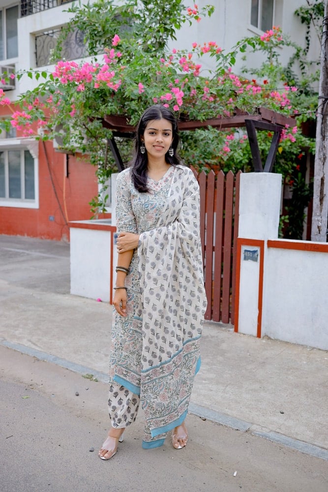 Anika - hand block floral printed organic cotton with mild embroidery suit set with matching dupatta