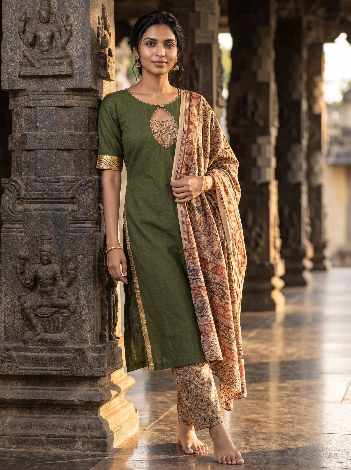 Aadhirai – Solid & Kalamkari Handloom Cotton Suit Set in Olive Green