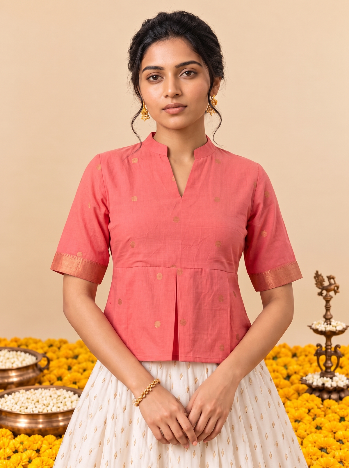 Crop Top #174 – Peplum Handloom Silk-Cotton Top in Coral Pink