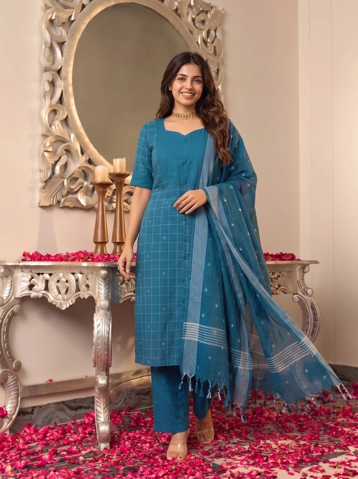 Nithila(Peacock Blue) – Grid & Jamdani Woven Handloom Cotton Suit Set in Peacock Blue