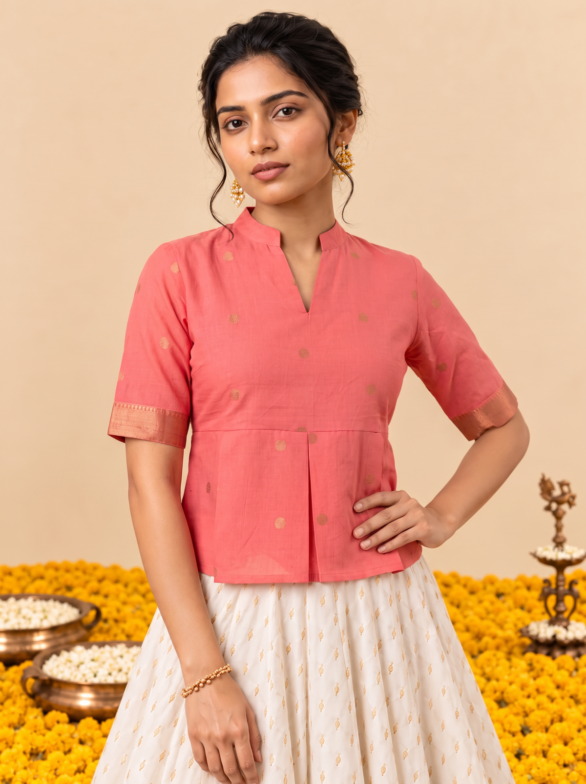 Crop Top #174 – Peplum Handloom Silk-Cotton Top in Coral Pink