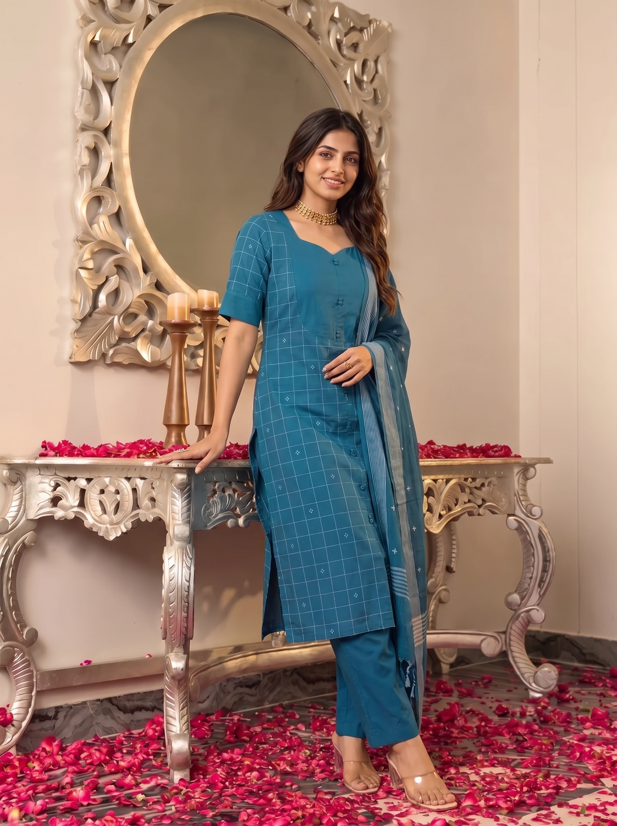 Nithila(Peacock Blue) – Grid & Jamdani Woven Handloom Cotton Suit Set in Peacock Blue