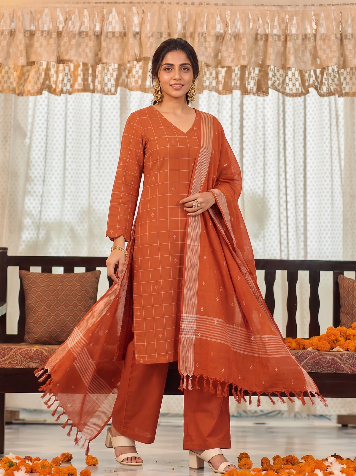 Nithila(Rust Terracotta) – Grid & Jamdani Woven Handloom Cotton Suit Set in Rust Terracotta