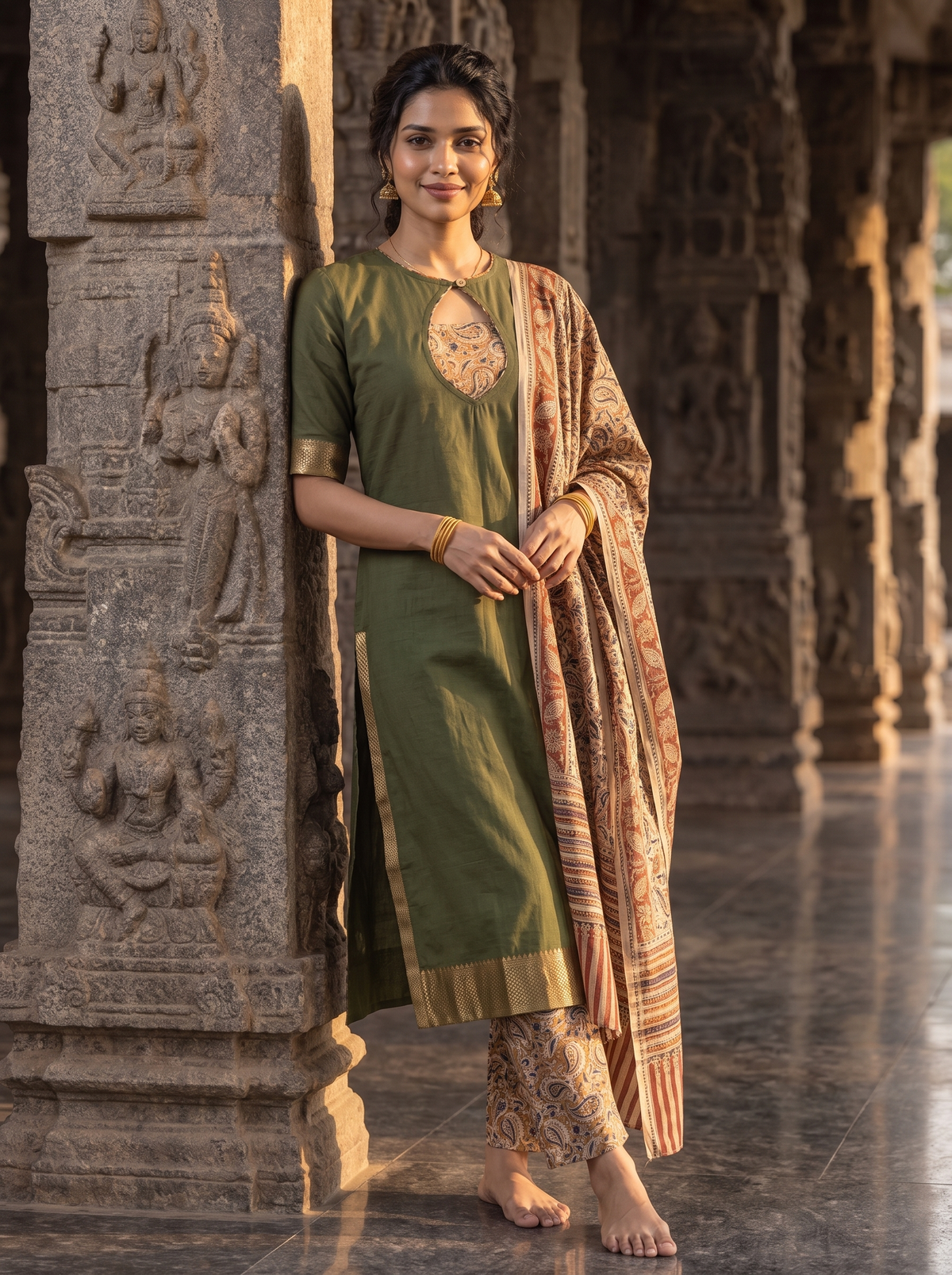 Aadhirai – Solid & Kalamkari Handloom Cotton Suit Set in Olive Green