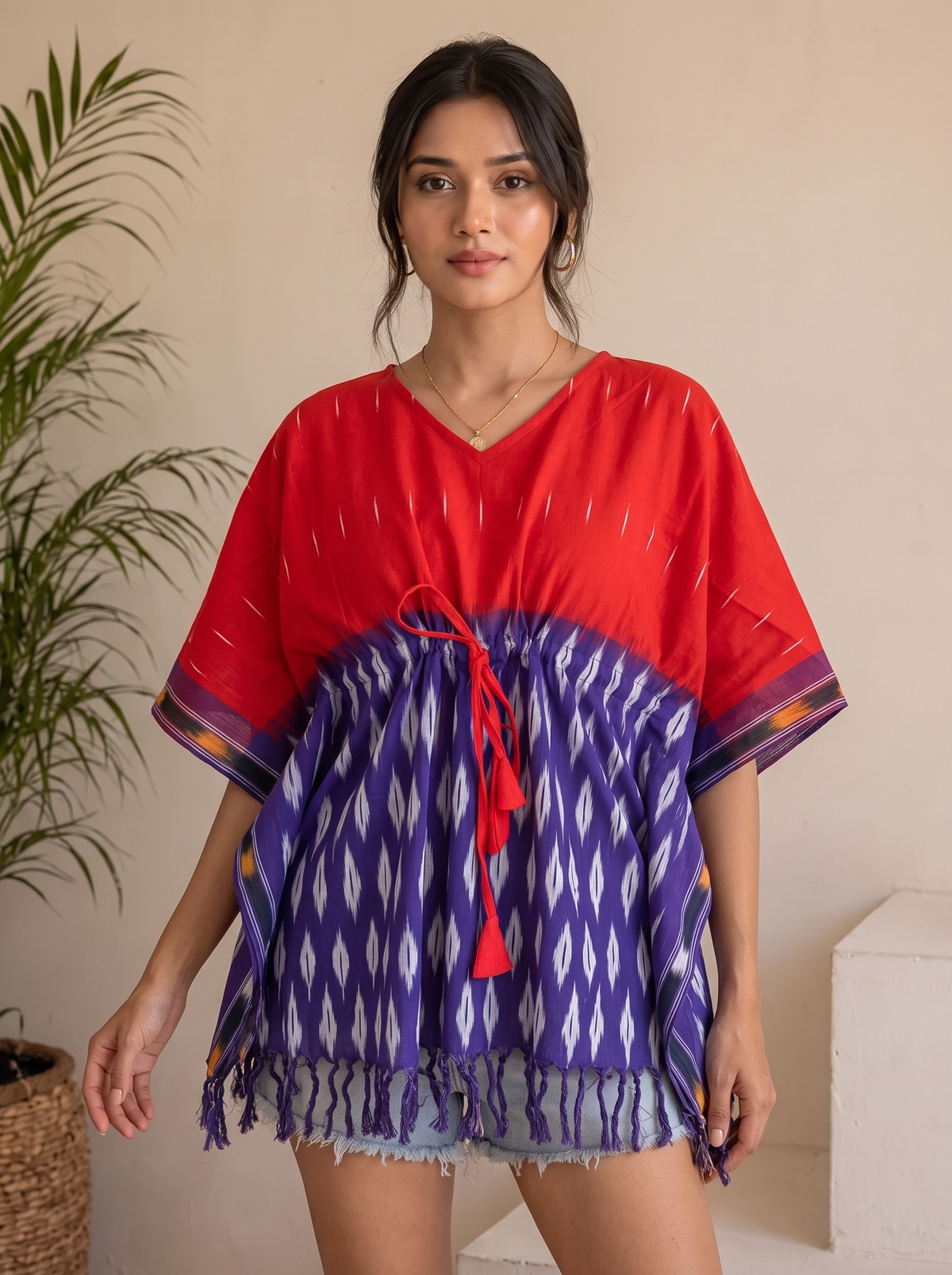Kaftan Top #105 – Handloom Ikat Kaftan Top in Crimson Red & Indigo Blue