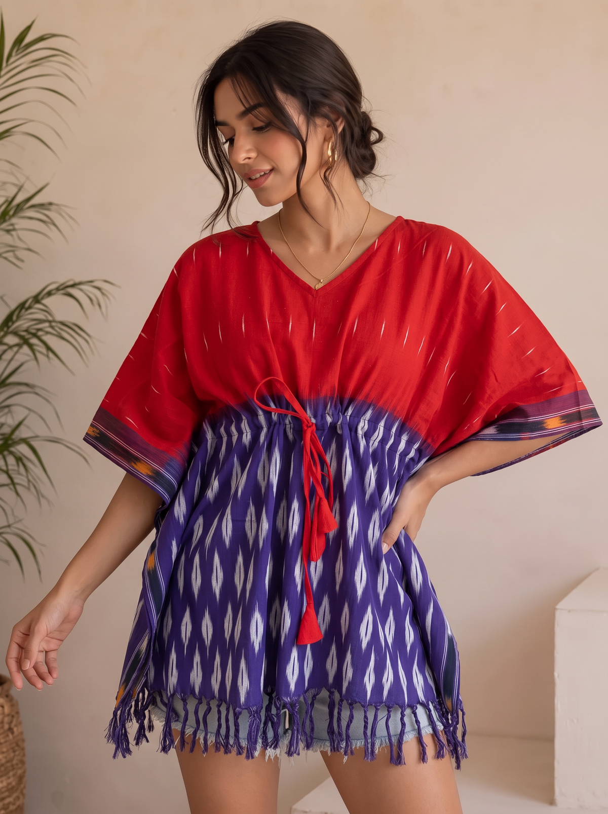 Kaftan Top #105 – Handloom Ikat Kaftan Top in Crimson Red & Indigo Blue