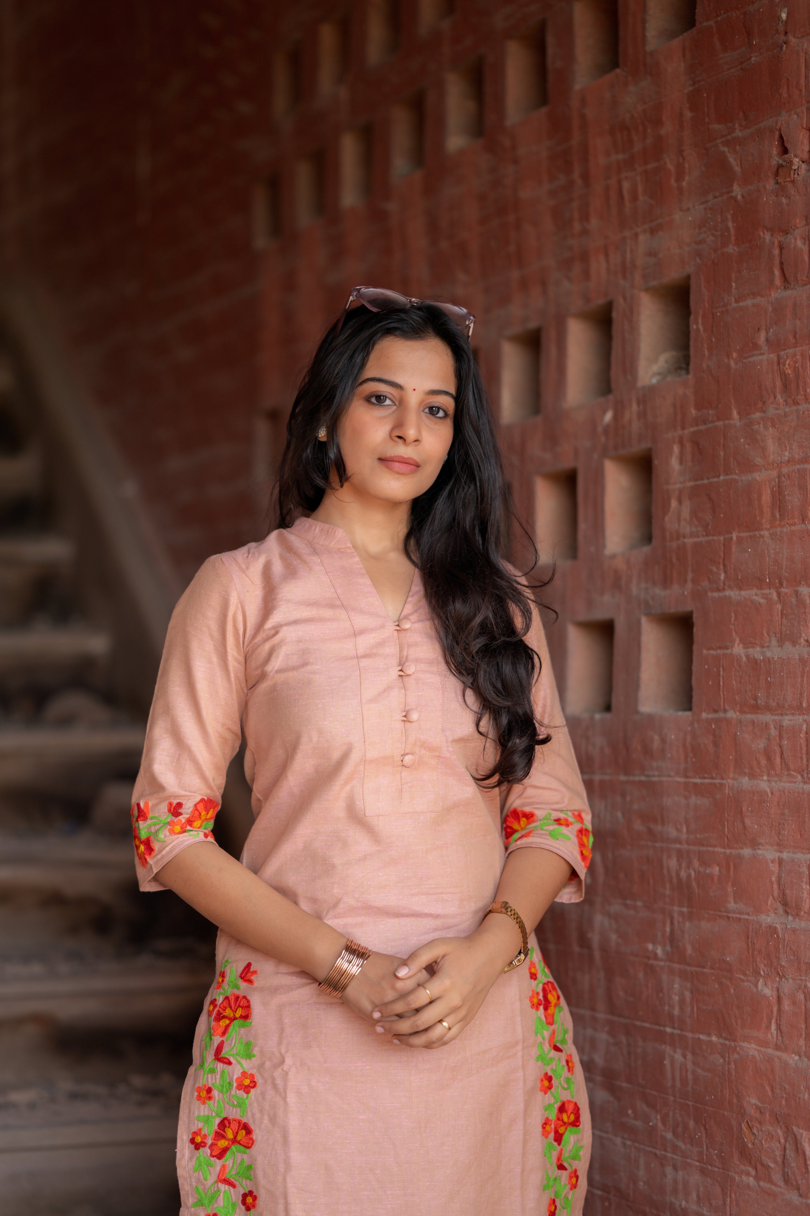 Kadhambari (peach) - khadi linen kurta set in peach with hand embroidery