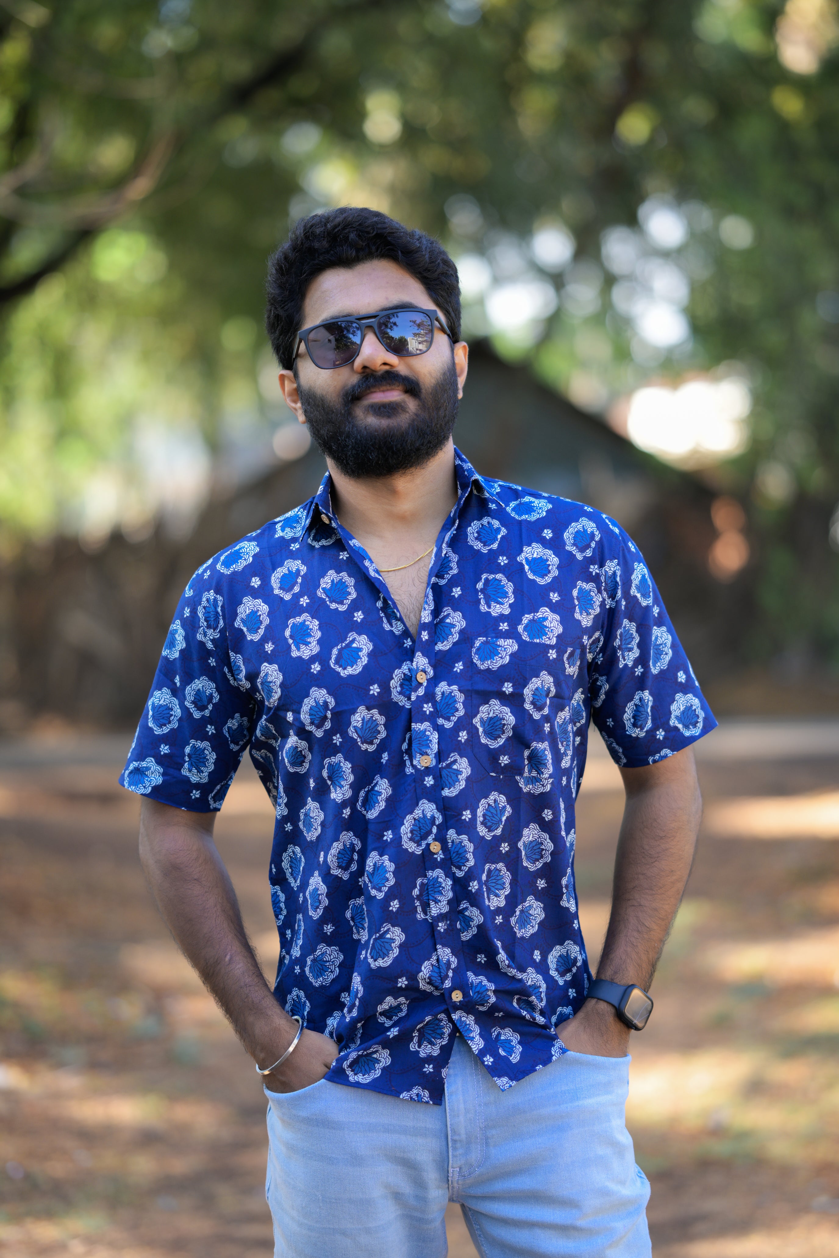 Shirt -21 - floral handblock printed organic cotton shirt in blue