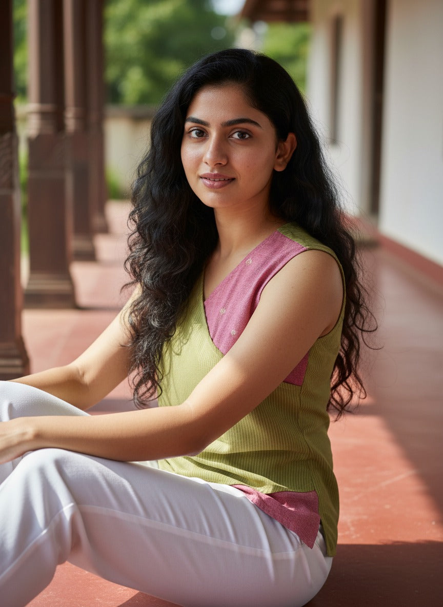 Crop top #22- handloom organic cotton top in green & pink