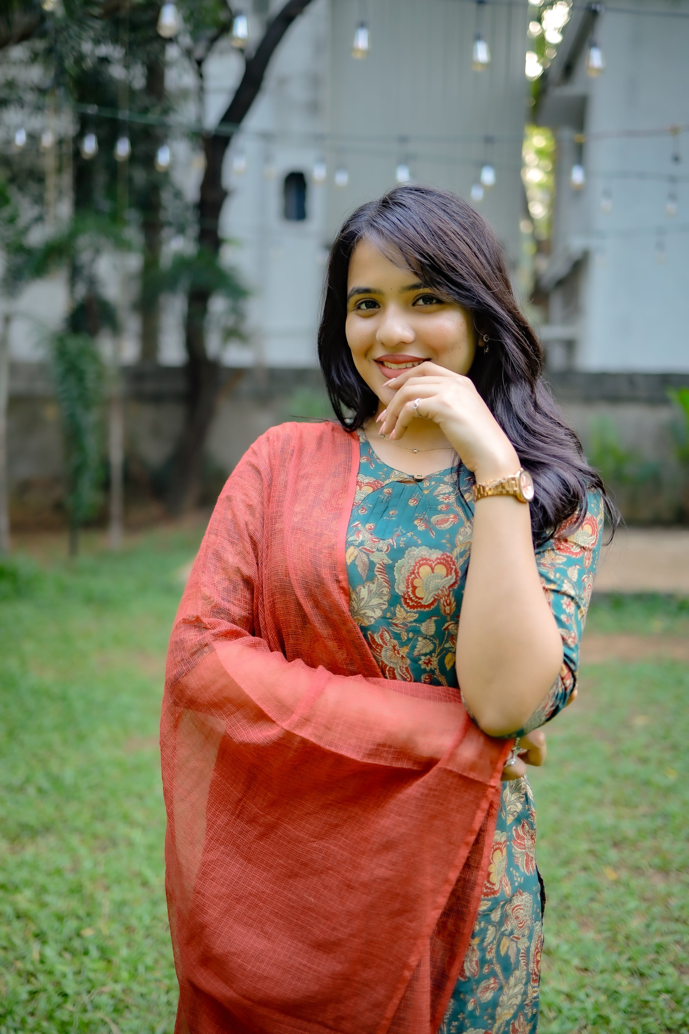 Prakalya - floral handblock printed cotton suit set in green and rust red