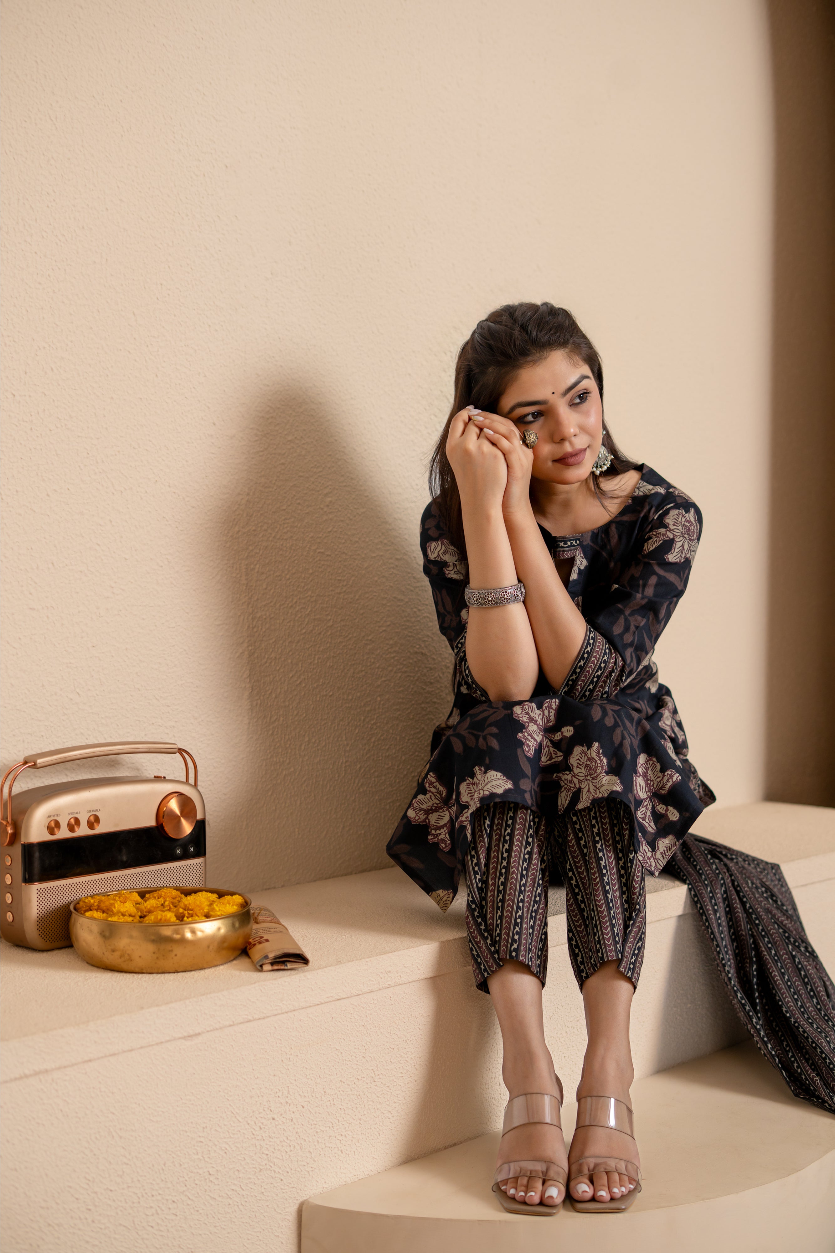 Vismaya - floral silhouette hand block printed suit set in black colour