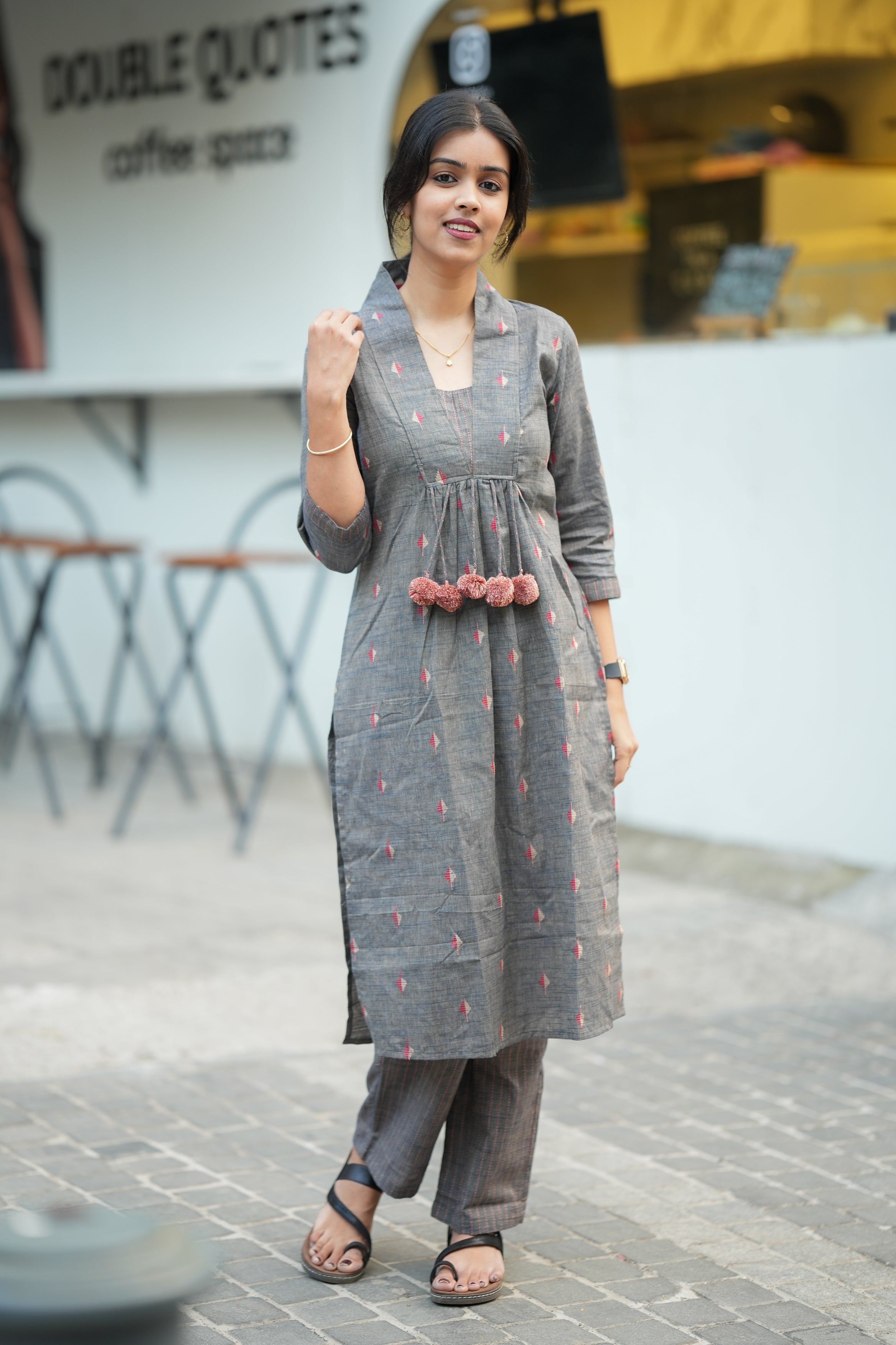 Utkarshi - handloom linen cotton coord set in elephant grey with pom pom