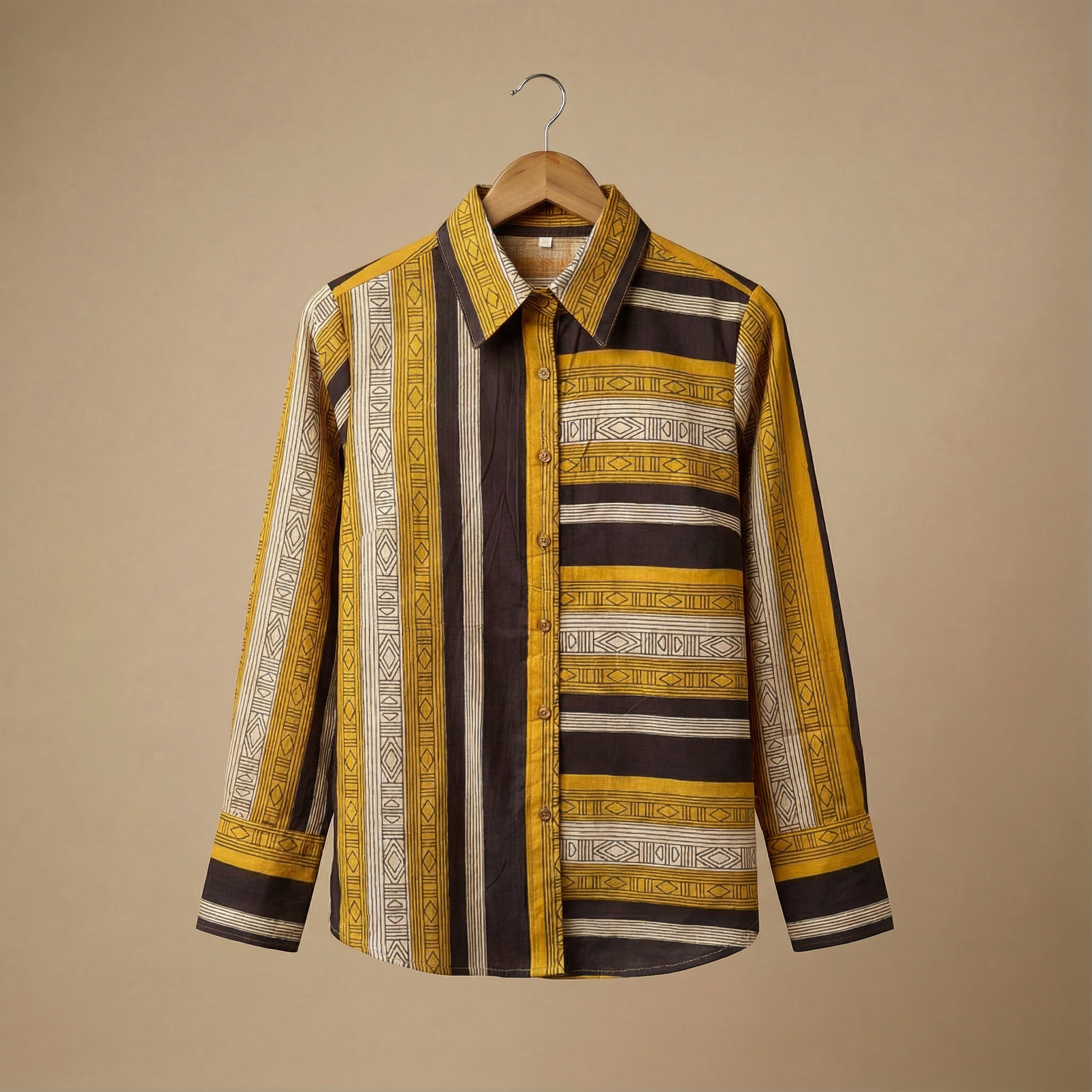 Women's shirt 18- Floral printed organic cotton shirt in mustard yellow