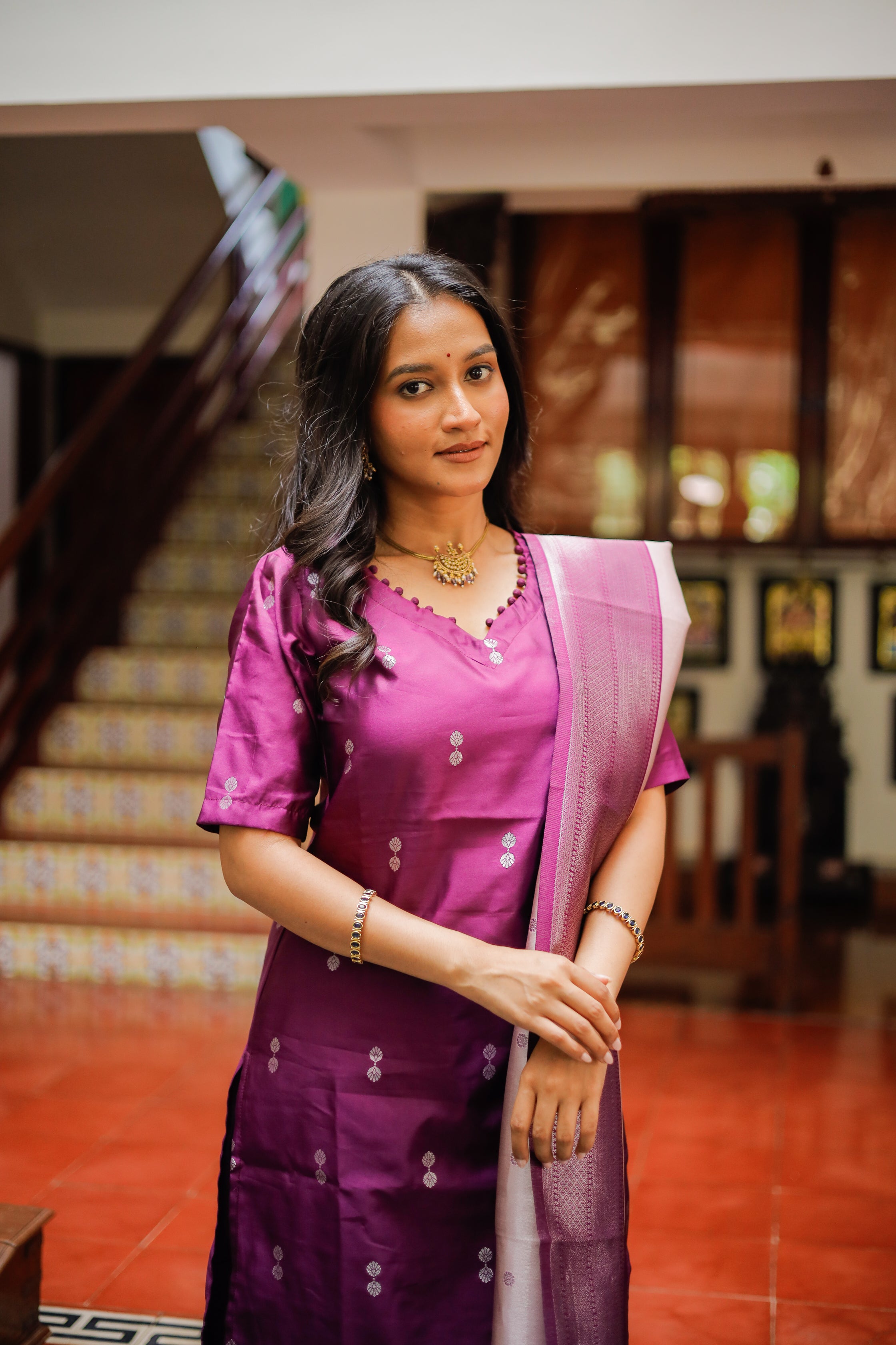 Ilavarasi (purple) - silver zari vegan silk suit set in purple and lavender