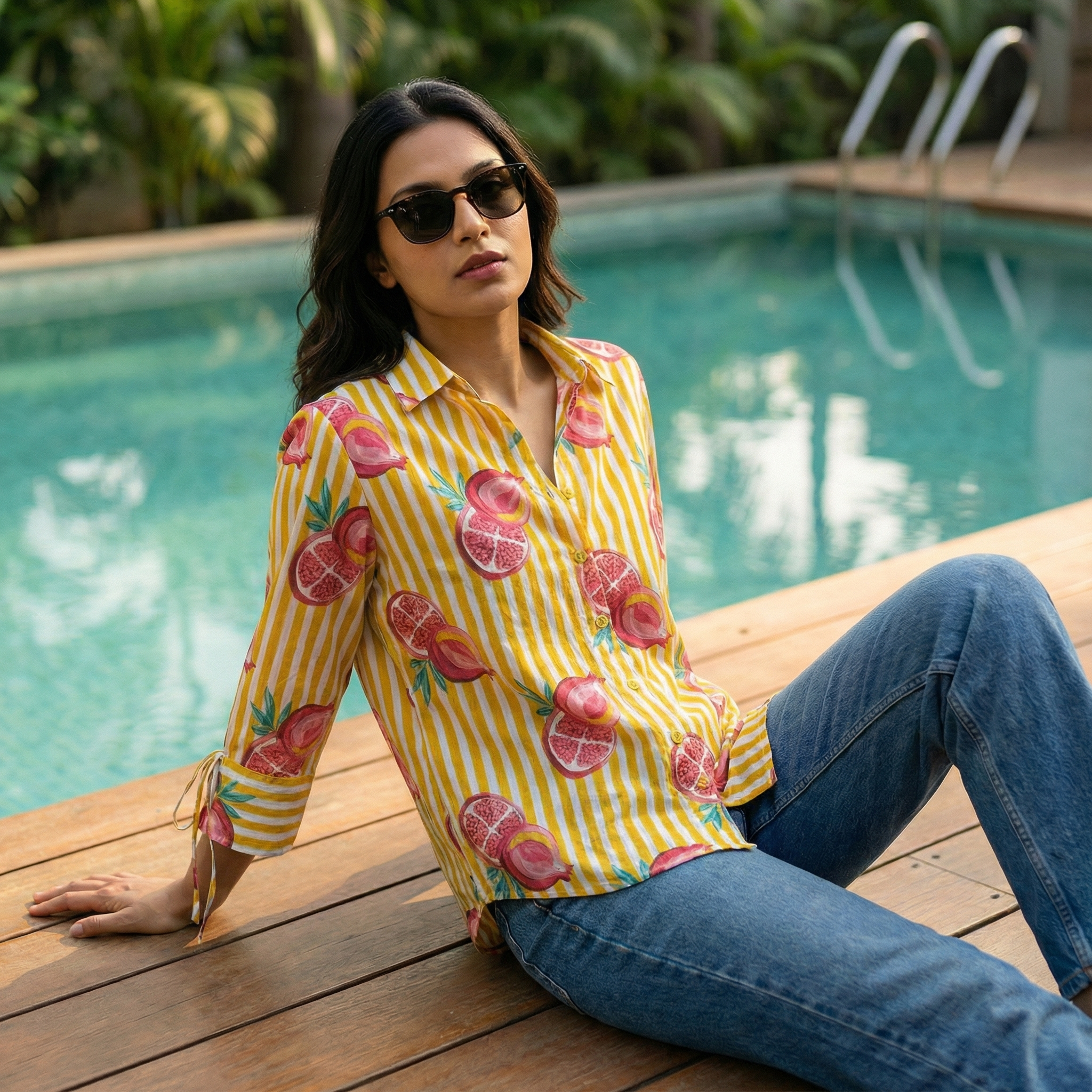 Women's shirt 30- Citrus zest printed organic cotton shirt in yellow and white