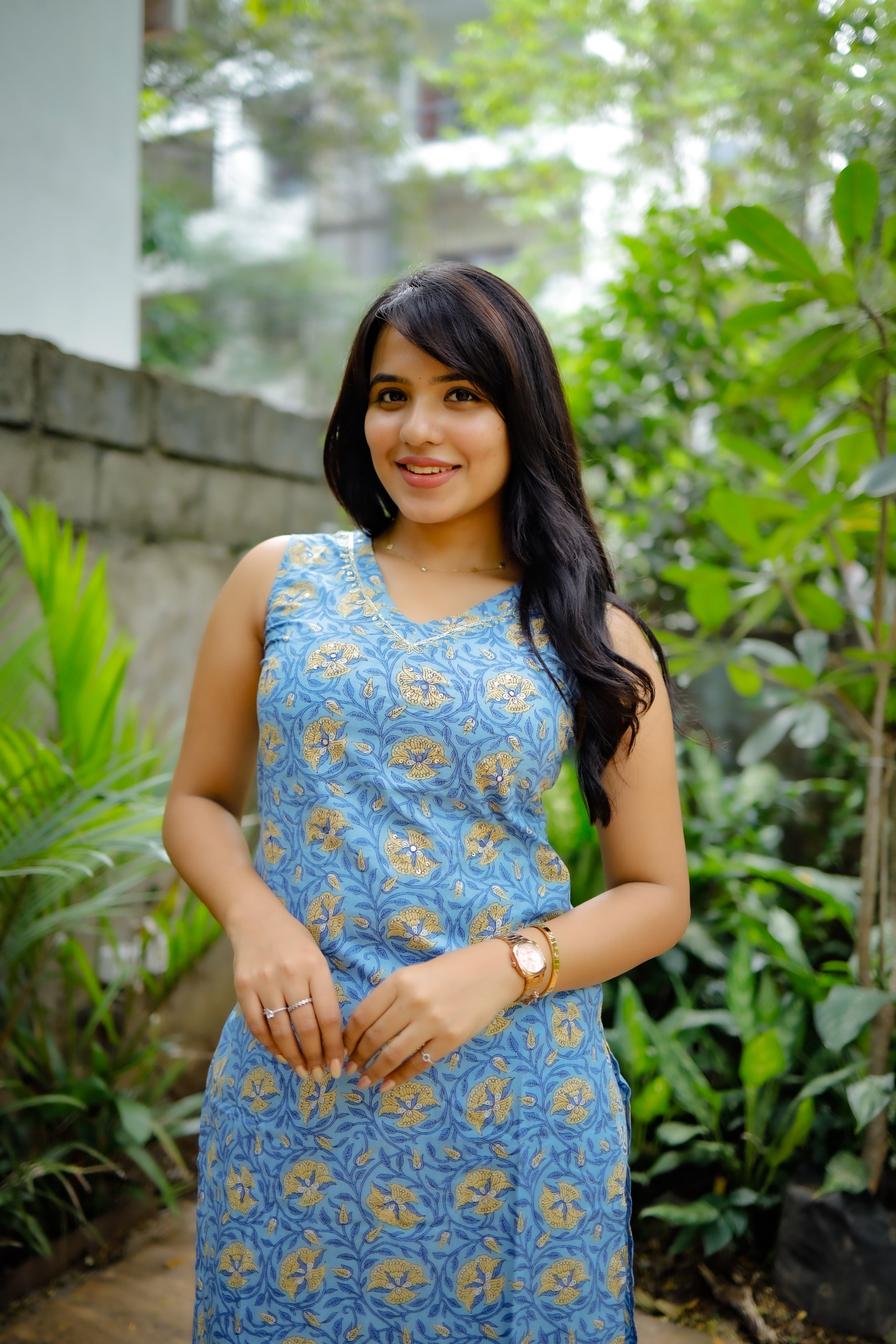 Yashica - floral handblock printed cotton 2 pc suit set in blue and yellow