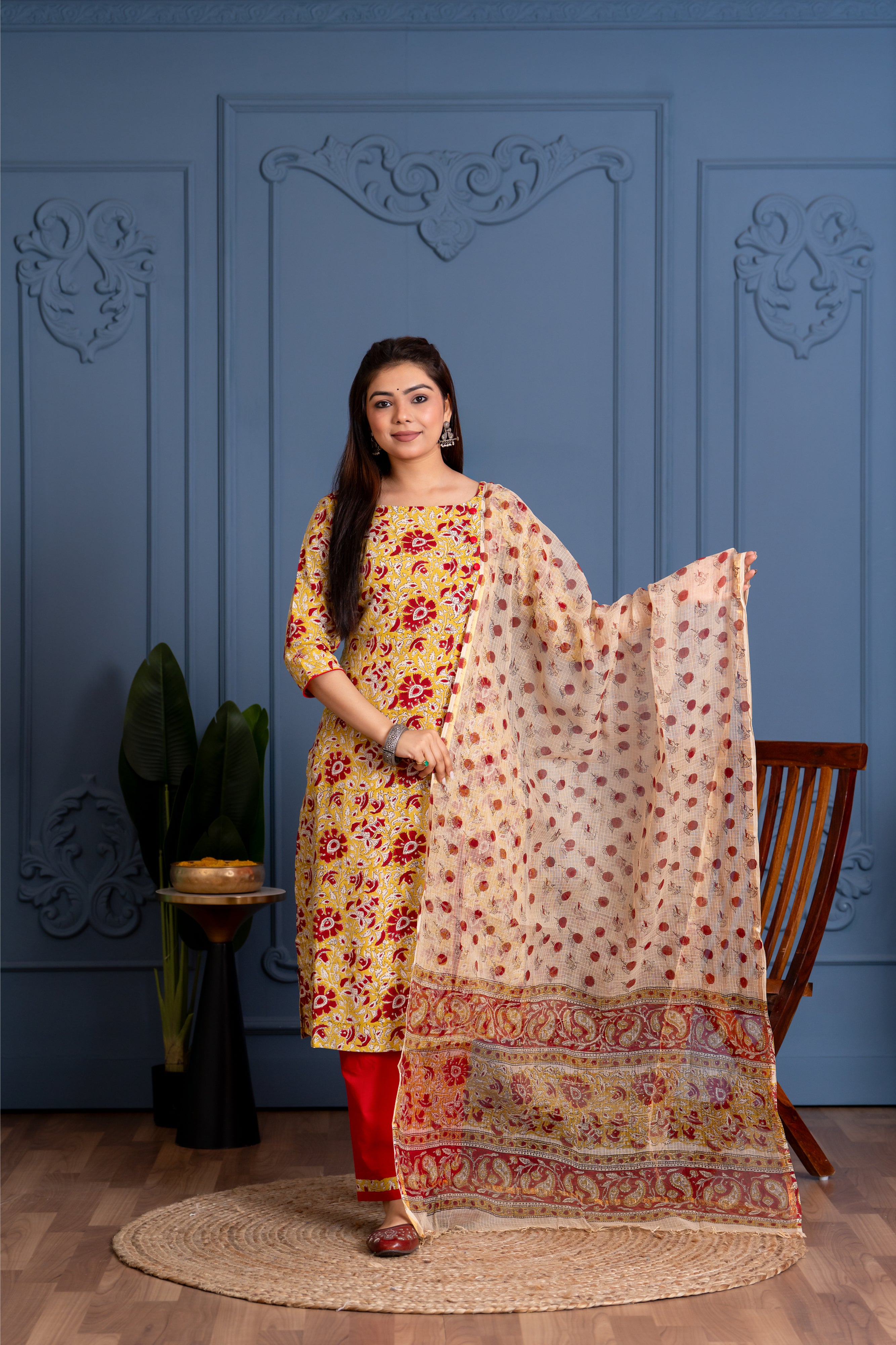 Barsa ( yellow)- handblocked printed cotton suit set in yellow and red