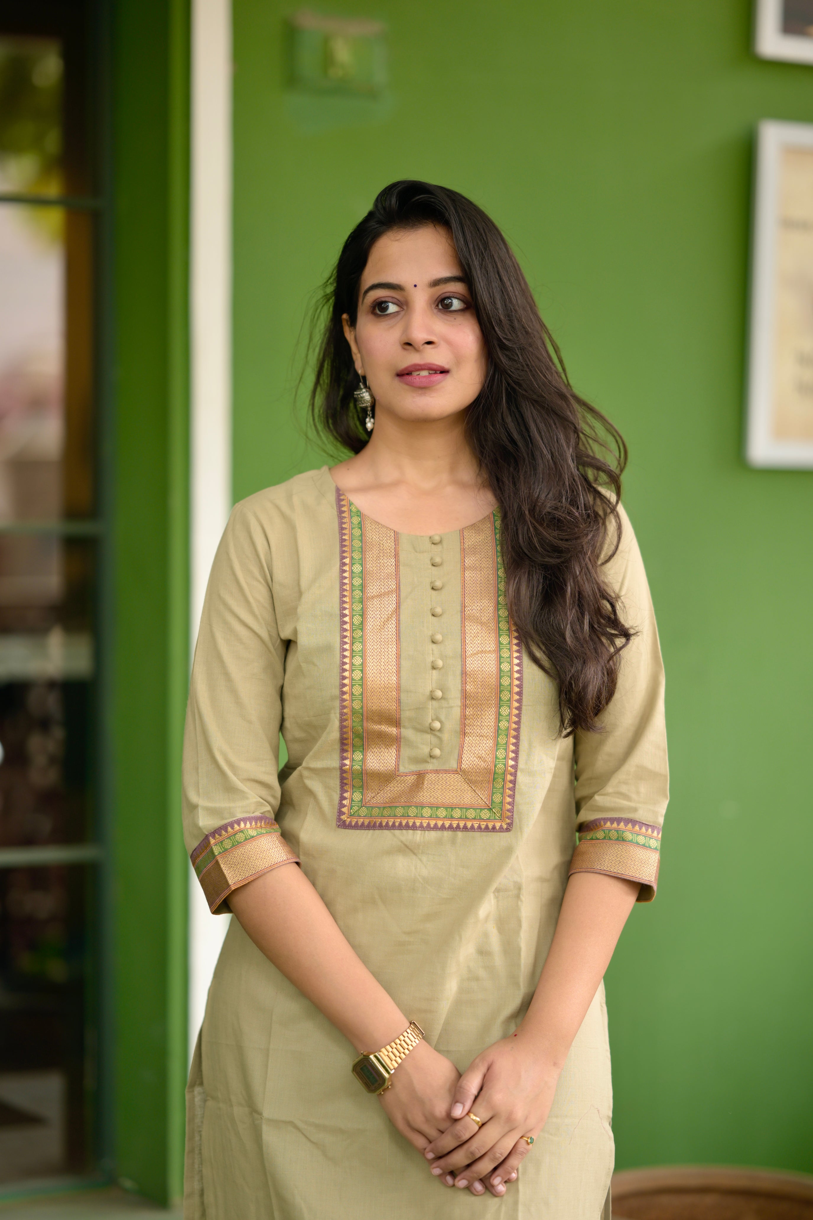 Nayanthara #10 -handloom cotton kurti in olive green