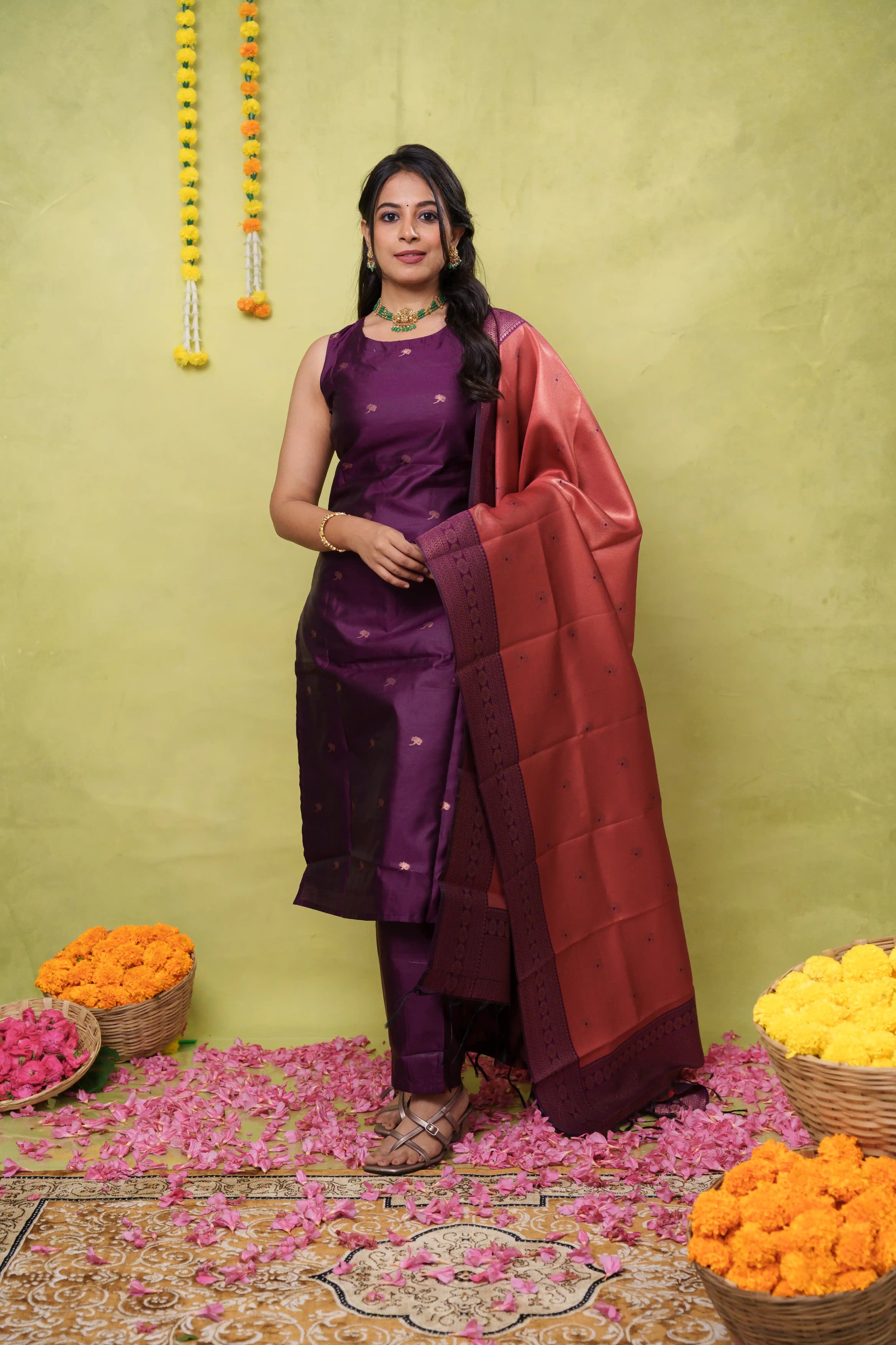 Vaishnavi (purple) - purple vegan silk suit with peach dupatta with purple border
