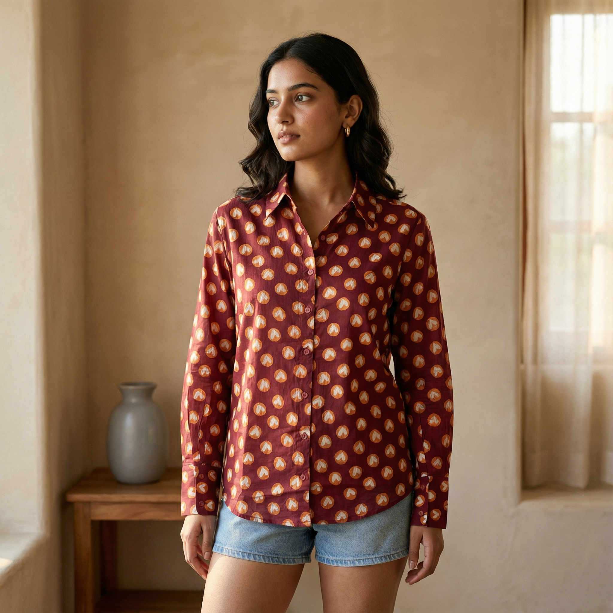 Women's shirt 19- cute heart printed organic cotton shirt in brown