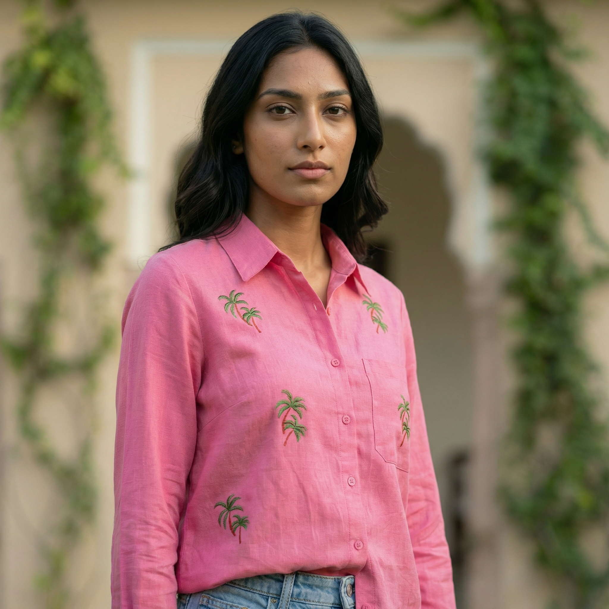Embroidery shirt 6- Palm tree hand embroidered organic cotton shirt in hot pink