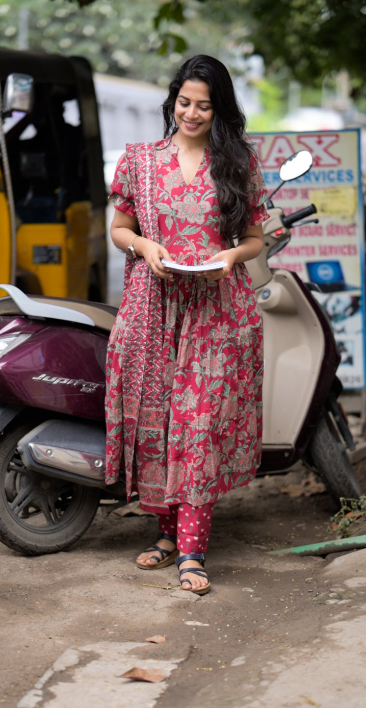 Rukmini - red floral hand block printed anarkali suit set