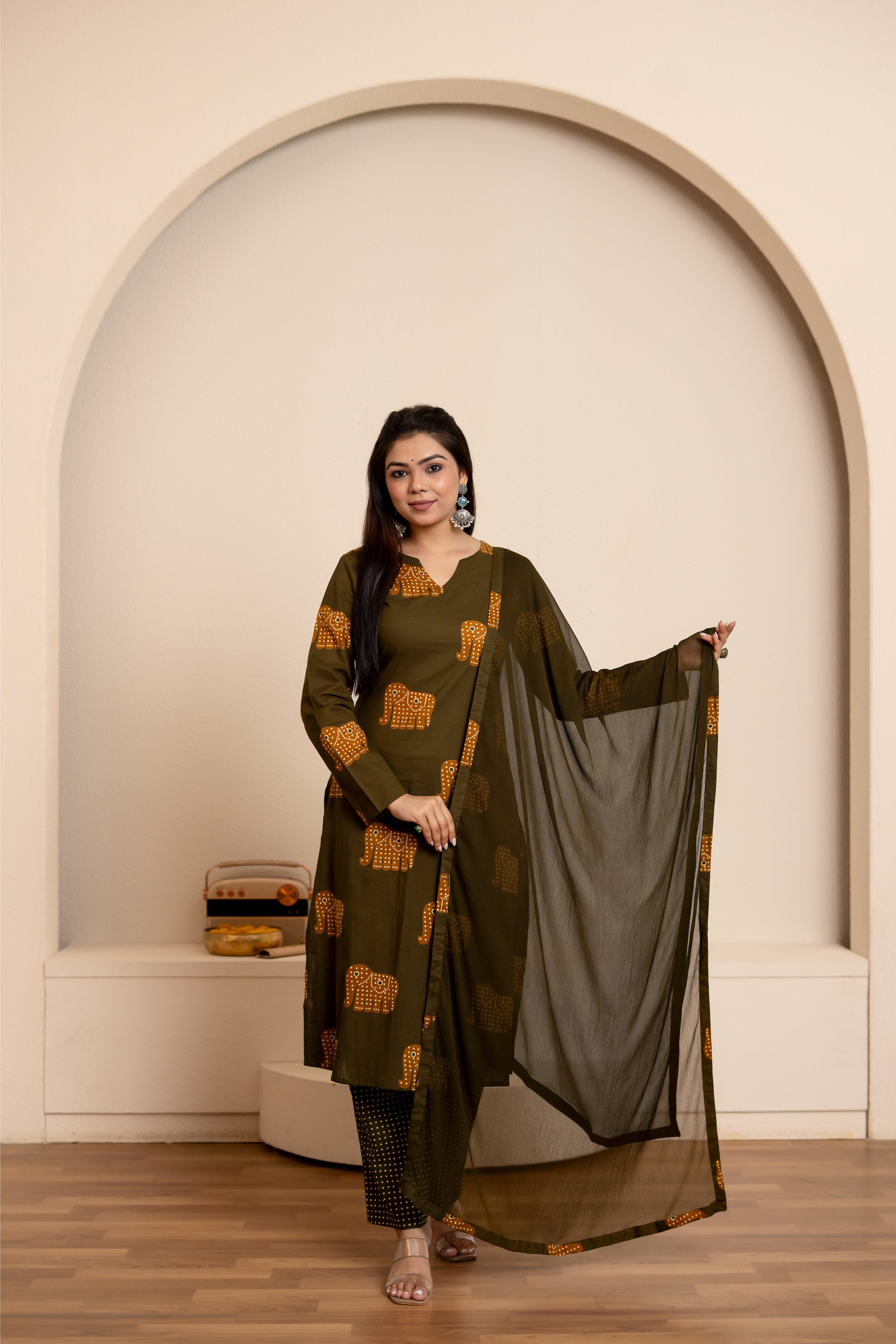 Hathira - elephant hand block printed cotton suit set in green and yellow