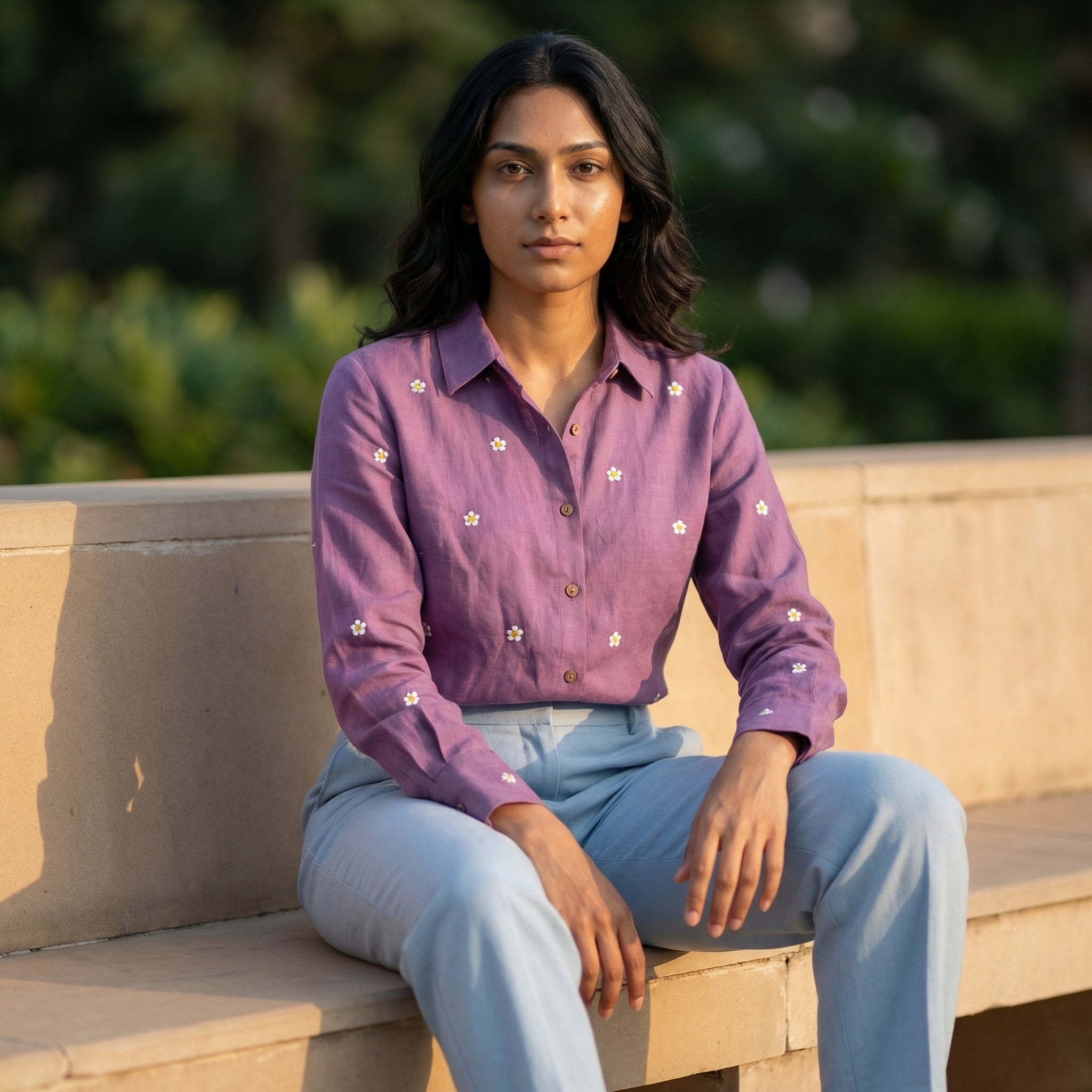 Embroidery shirt 11- Daisy embroidered organic cotton shirt in purple
