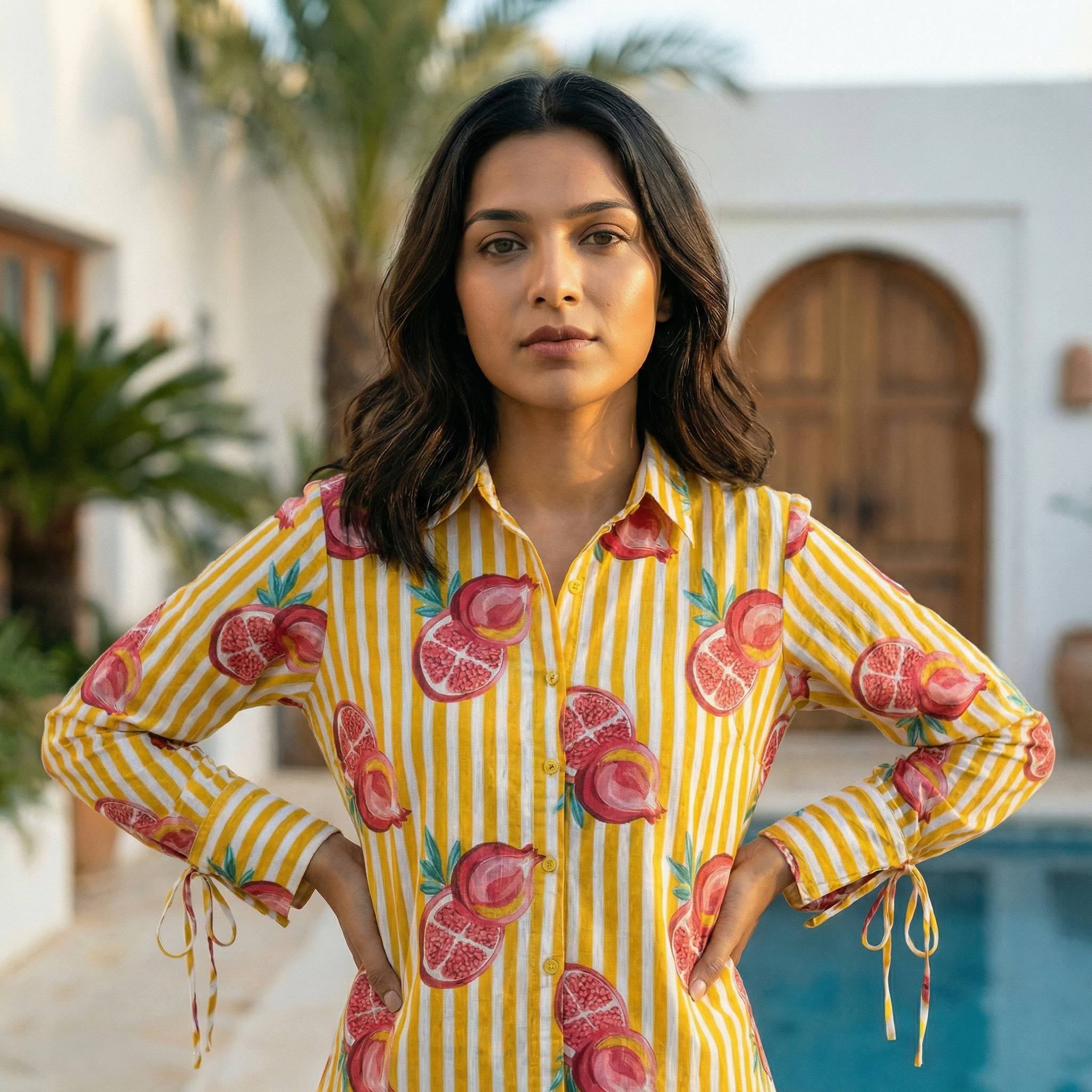 Women's shirt 30- Citrus zest printed organic cotton shirt in yellow and white