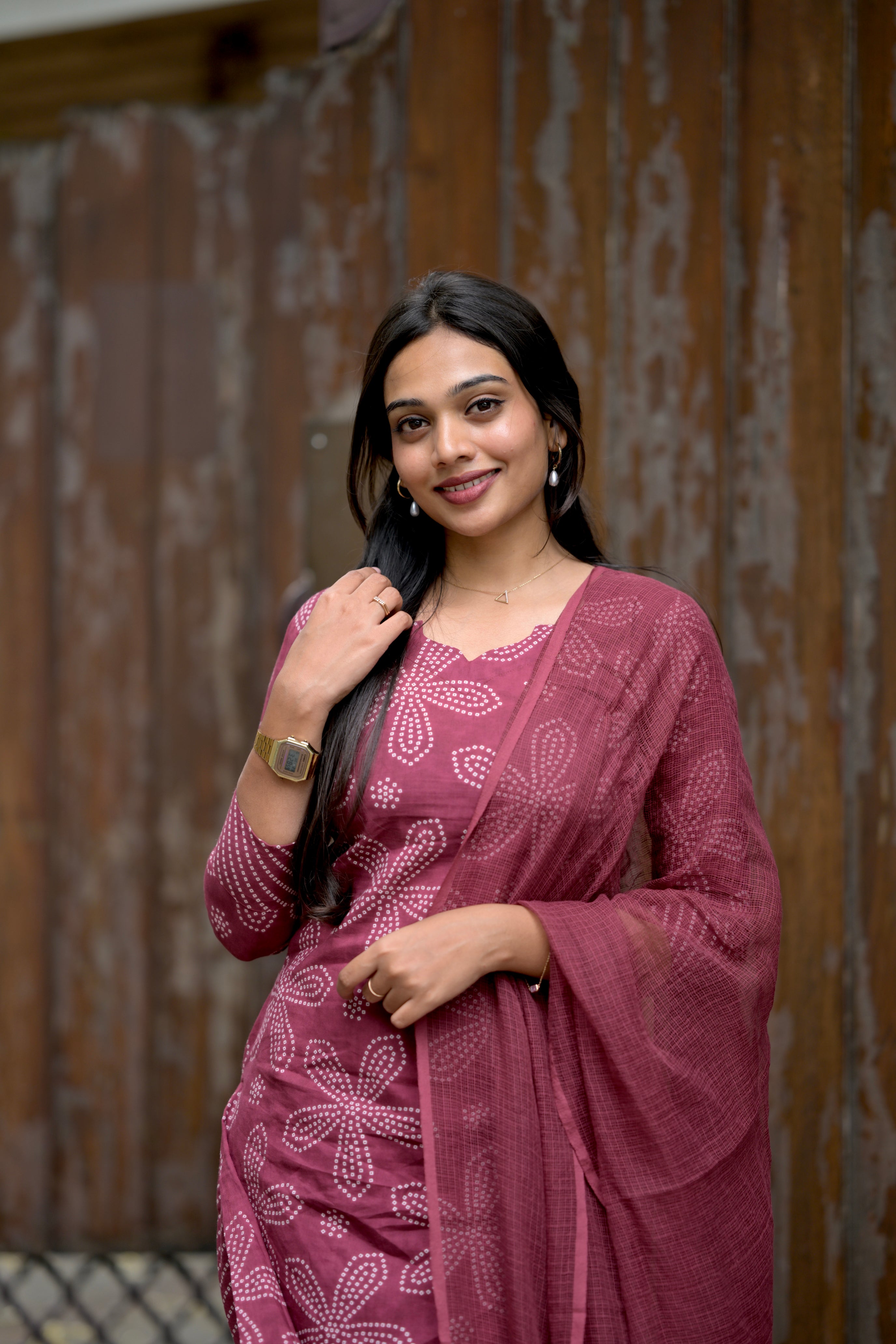 Bhavika - floral bandhini handblock printed cotton suit set in bordeaux wine colour