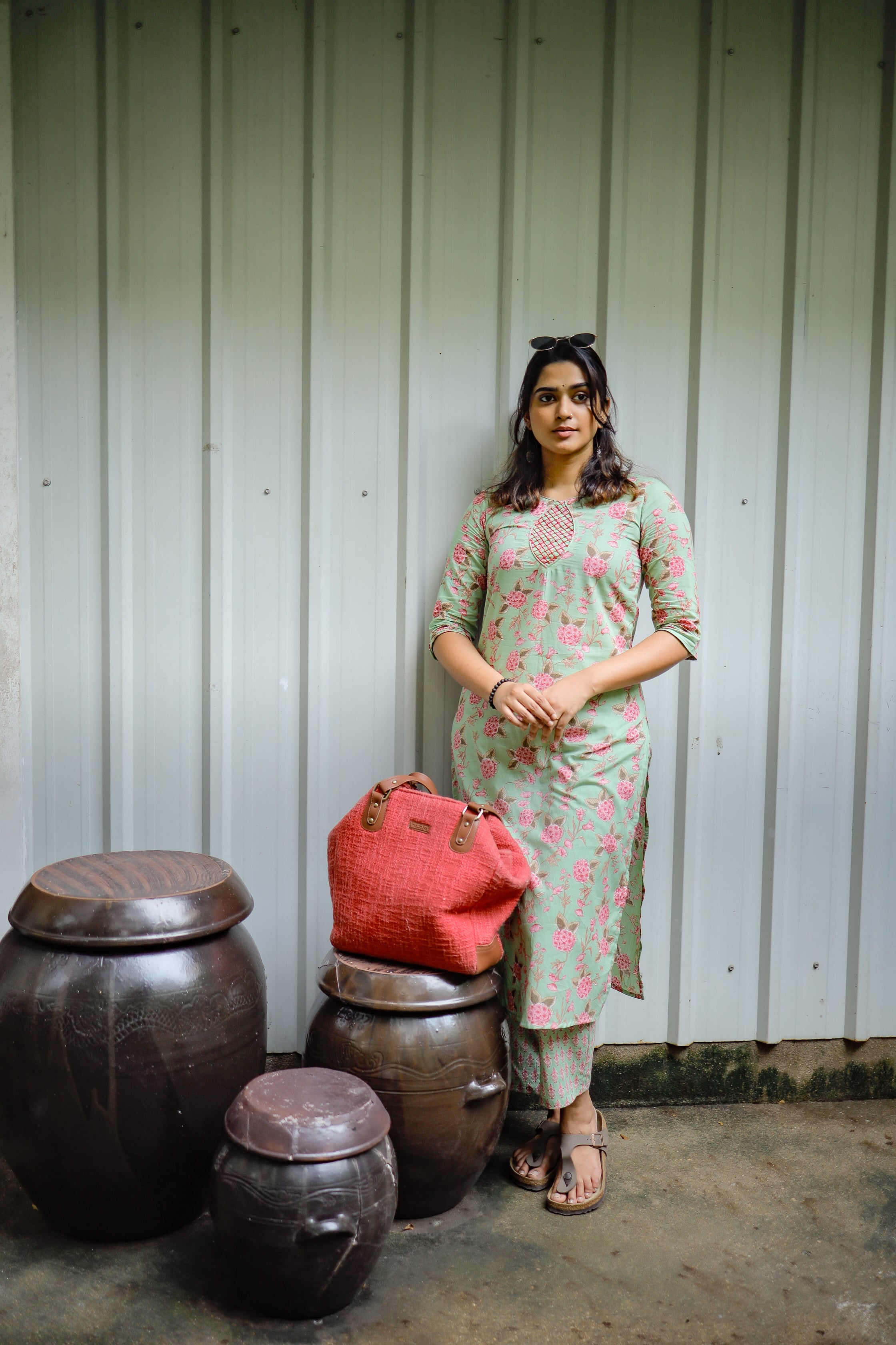 Prachi - floral handblock printed cotton kurta set in green and pink