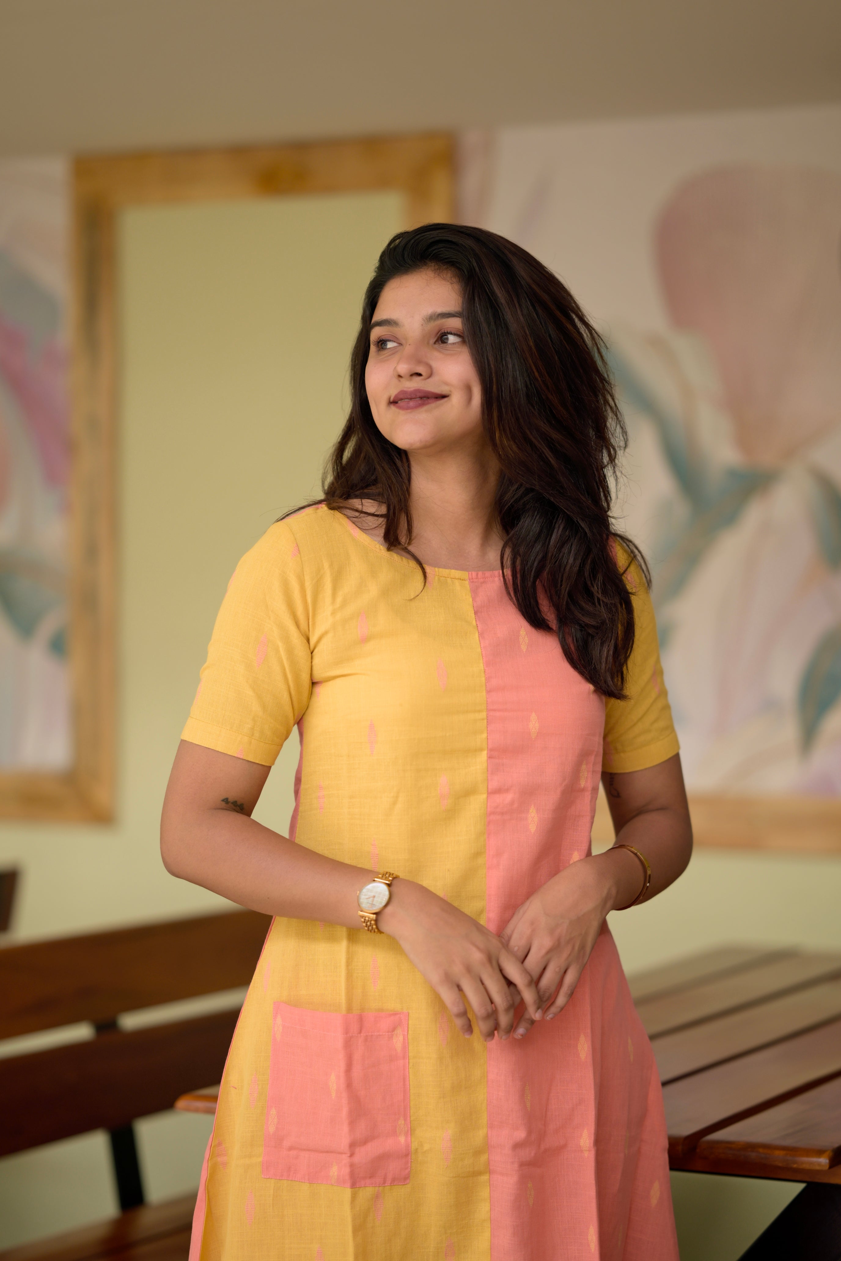Vamakshi (yellow)  - Handwoven lines and buttas in handloom cotton kurta set in yellow and orange