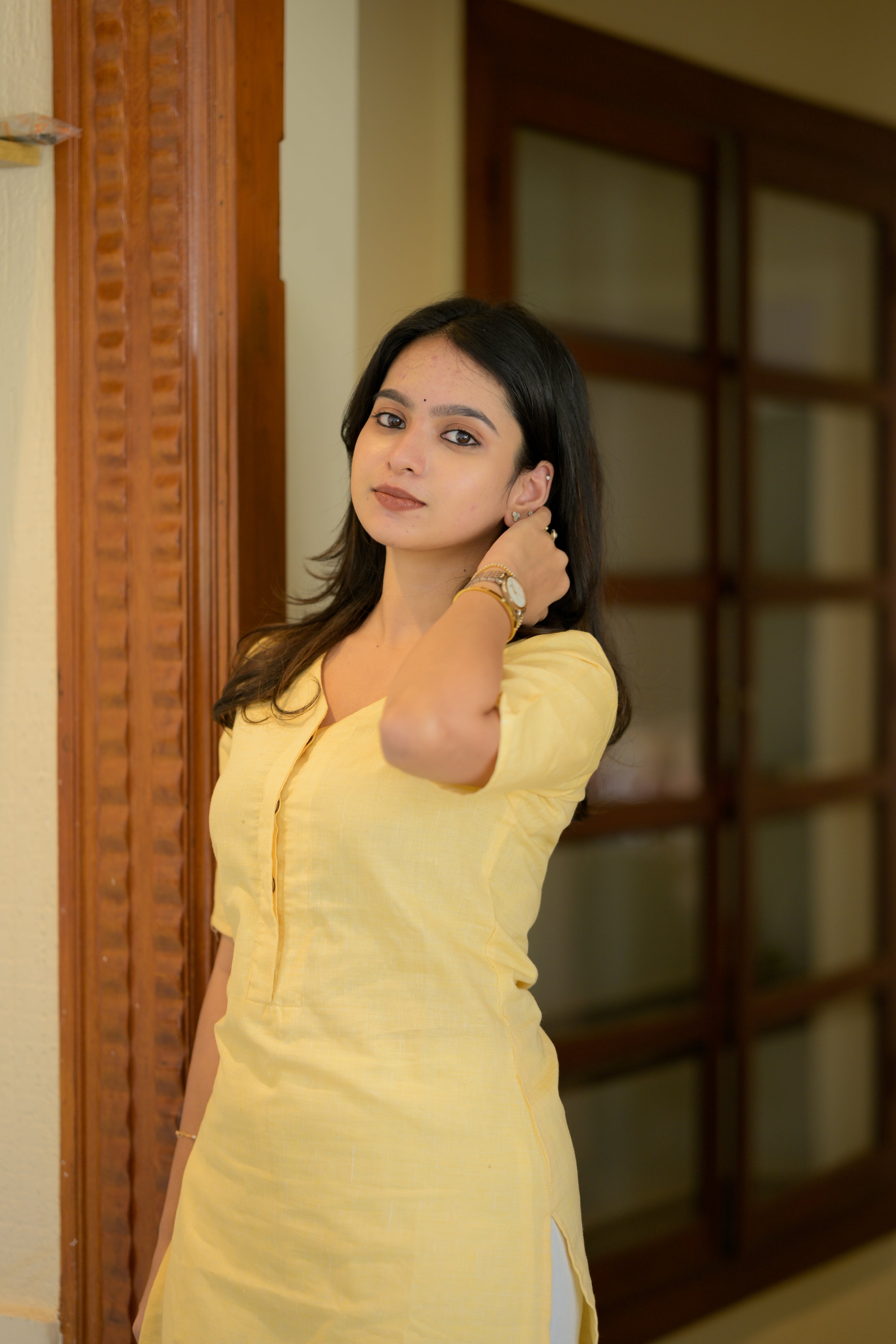 Janaki (yellow) - linen handloom cotton kurta set in yellow
