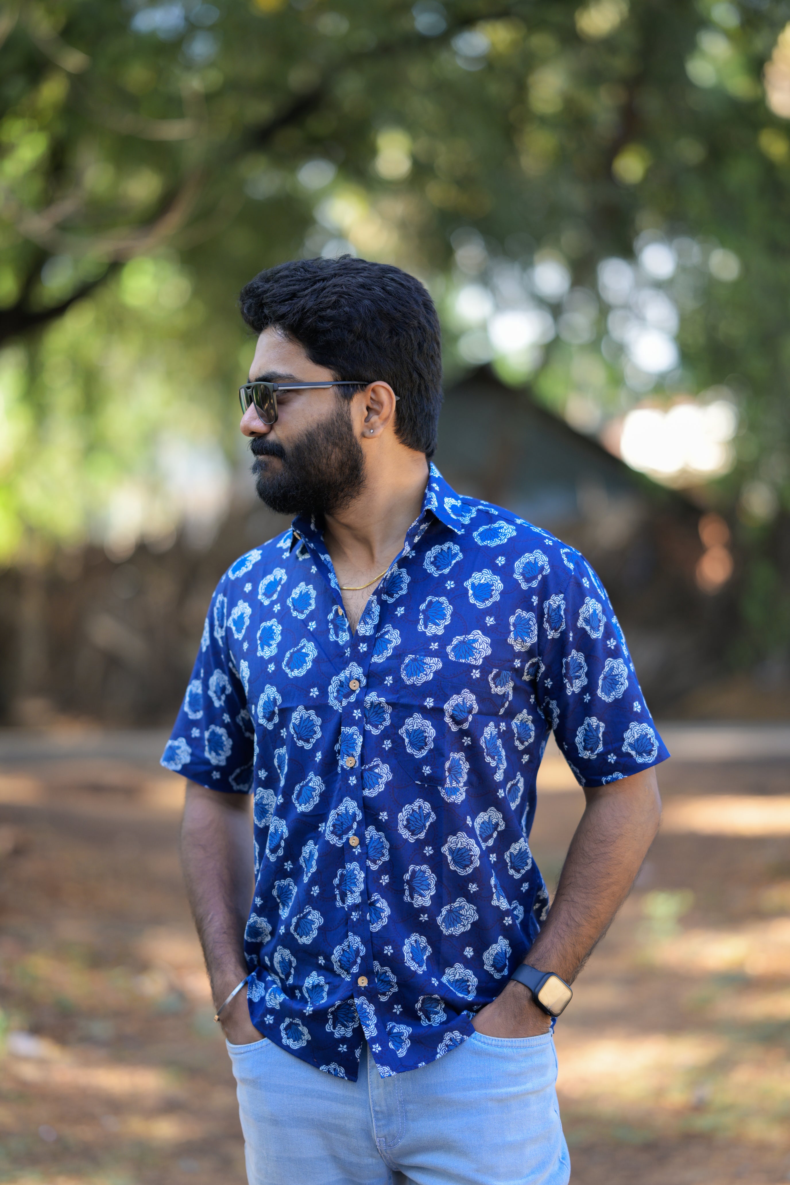 Shirt -21 - floral handblock printed organic cotton shirt in blue