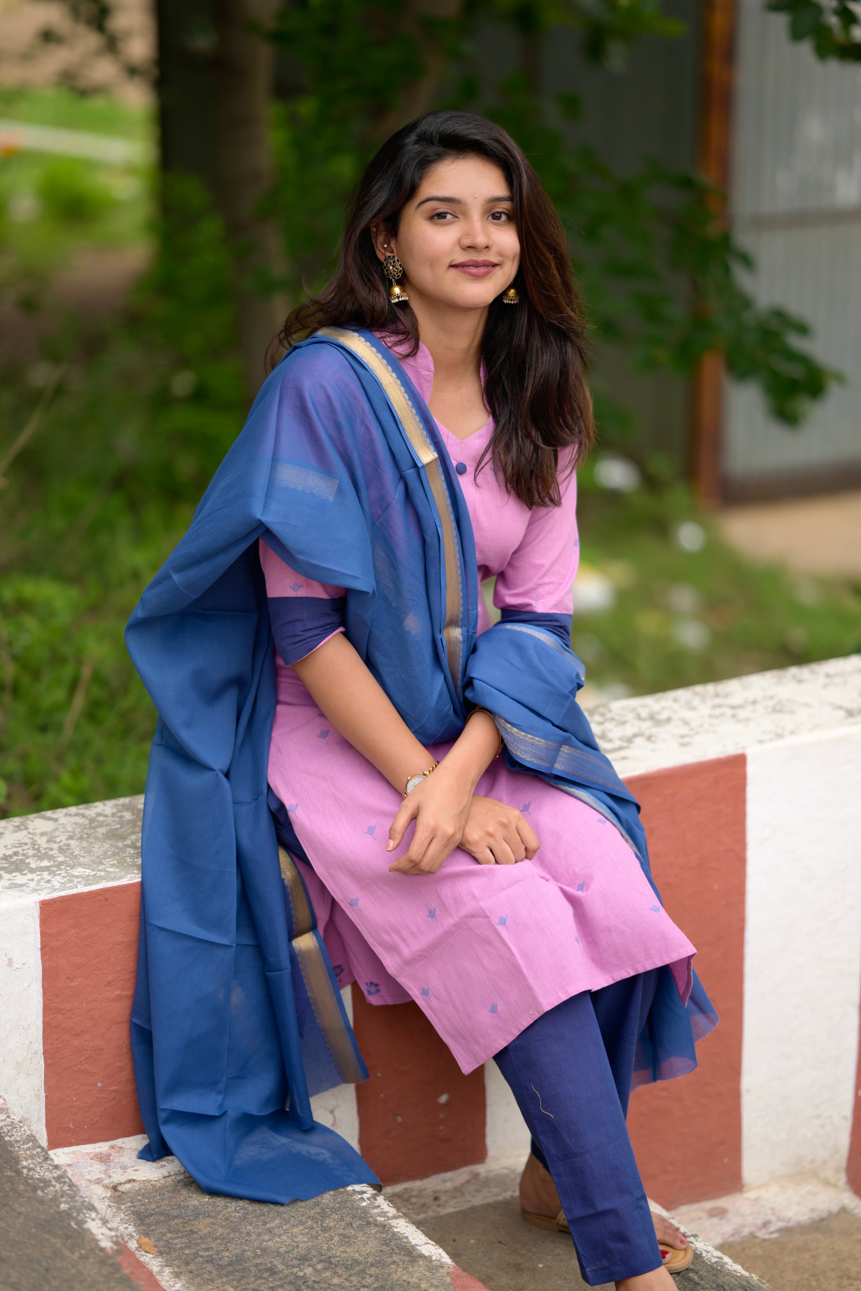 Nithya (pink) -  handloom cotton suit set in pink and blue with kota silk dupatta