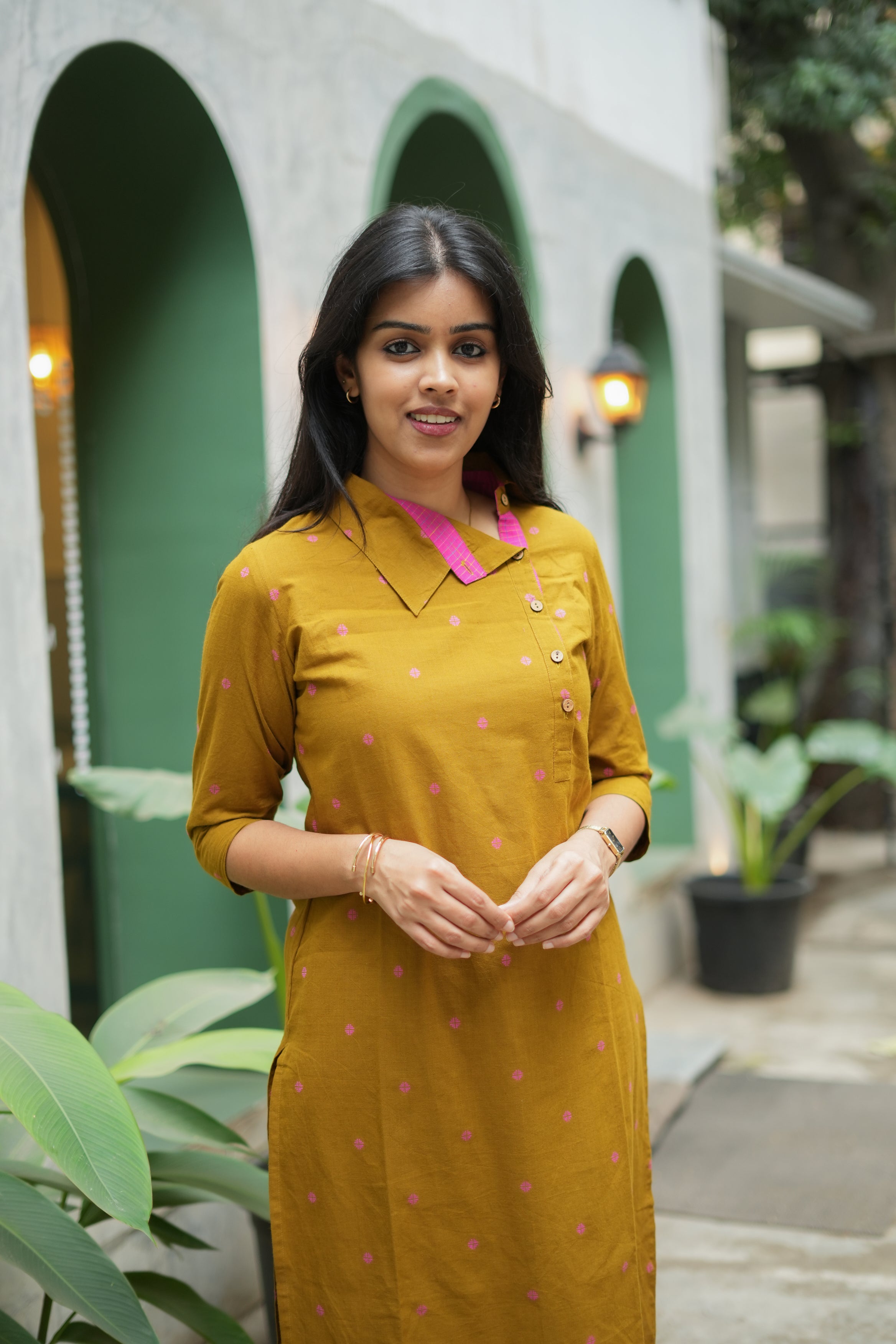 Saindhavi - handloom cotton kurta set in mustard yellow and pink