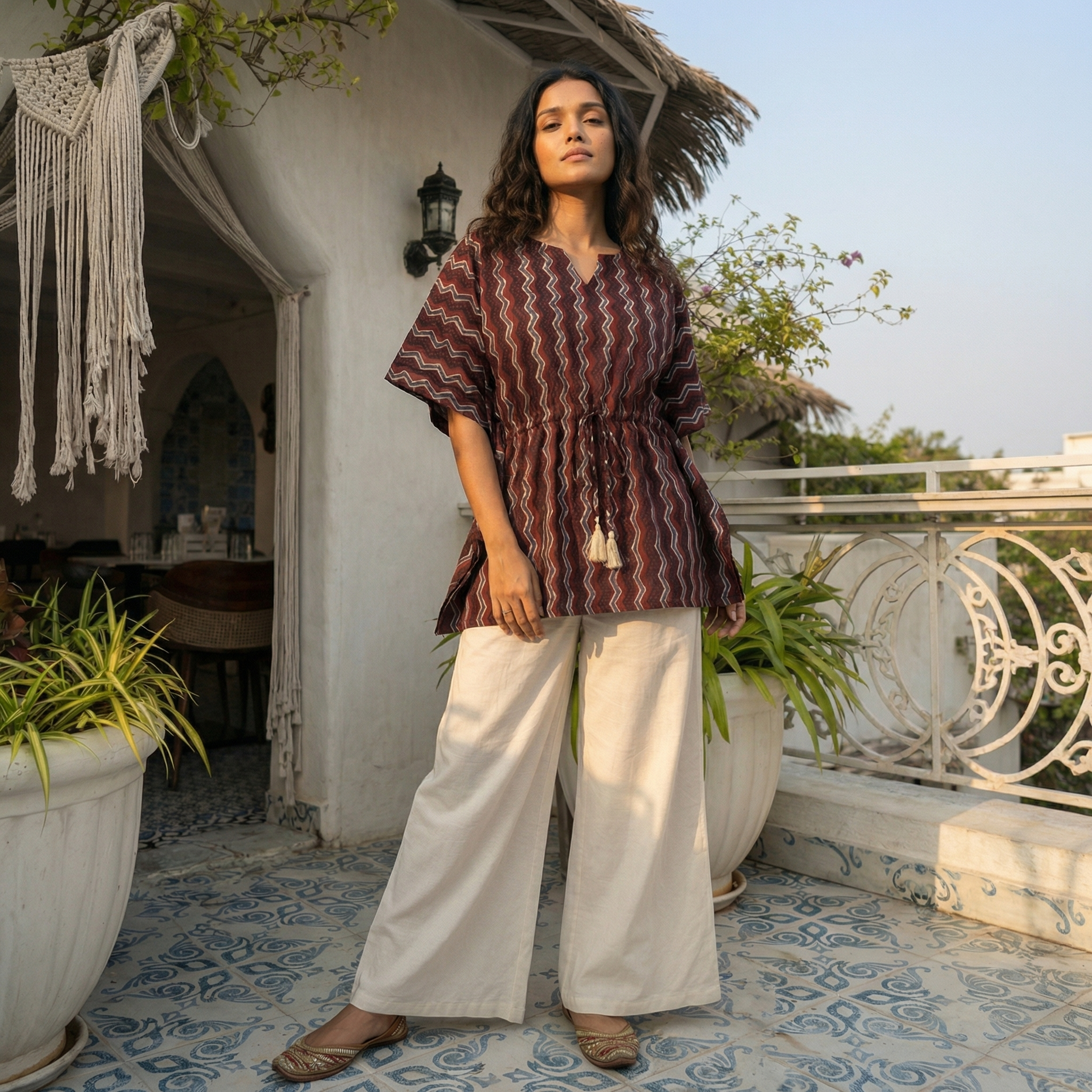 Kaftan Top #33- Zigzag printed organic cotton kaftan top in burgundy