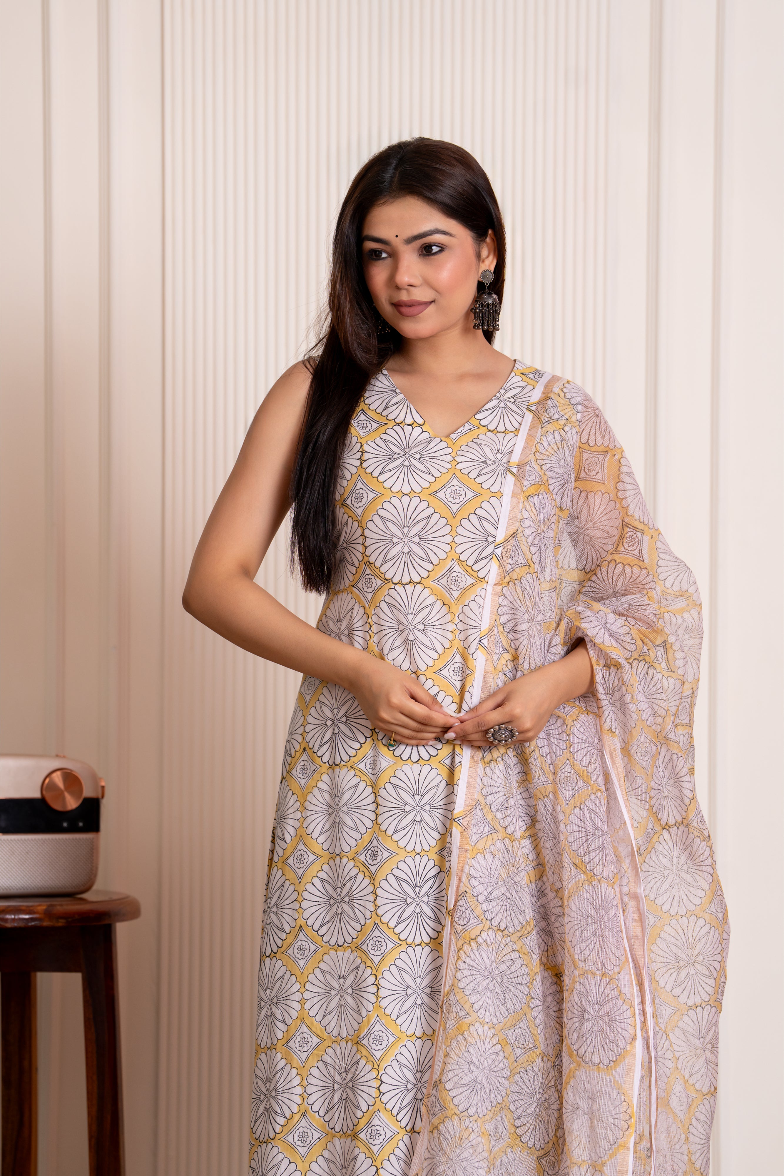 Aaravi - mandala hand block printed cotton suit set with kota doria dupatta in yellow