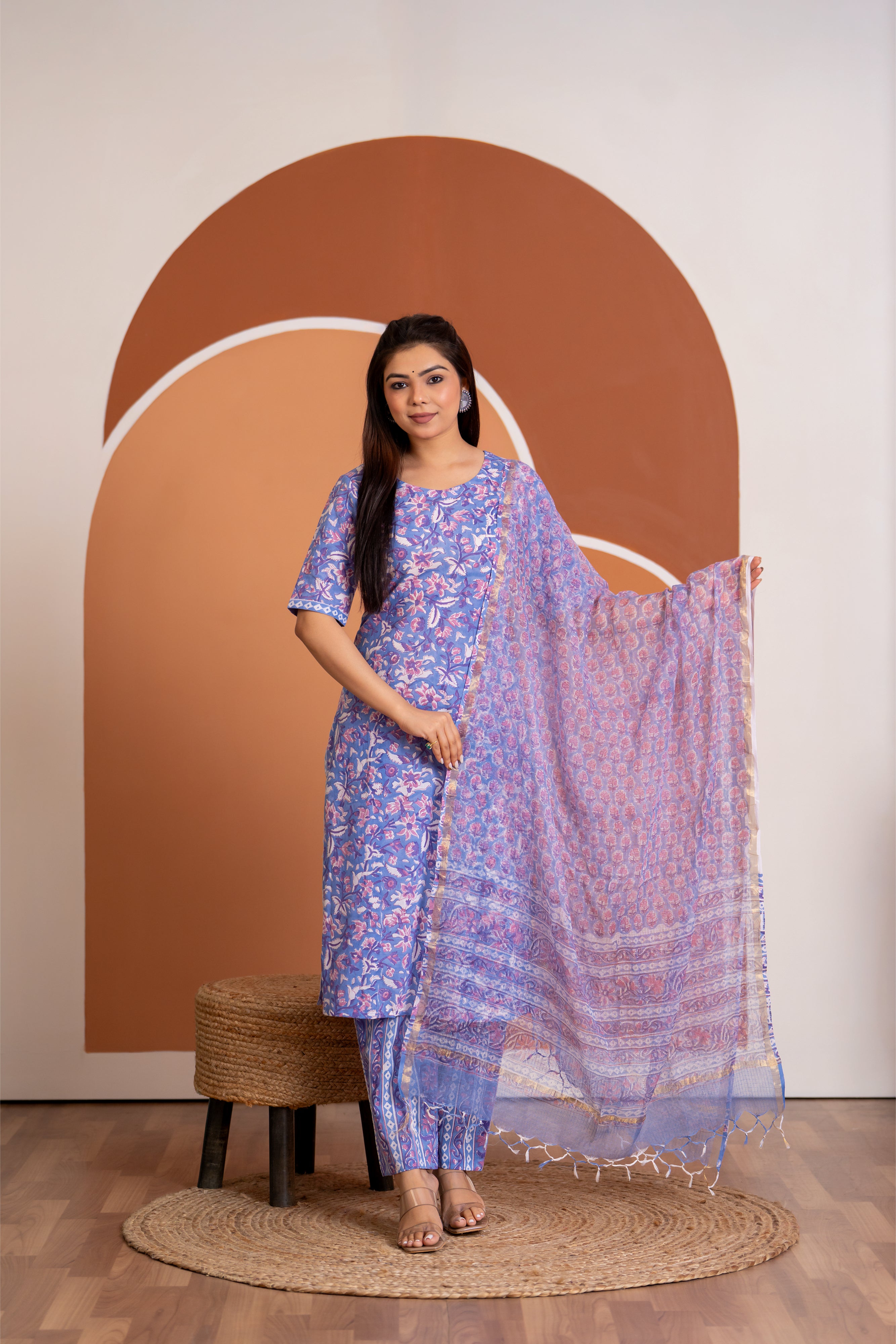 Siya (purple) - floral hand block printed cotton suit set in purple
