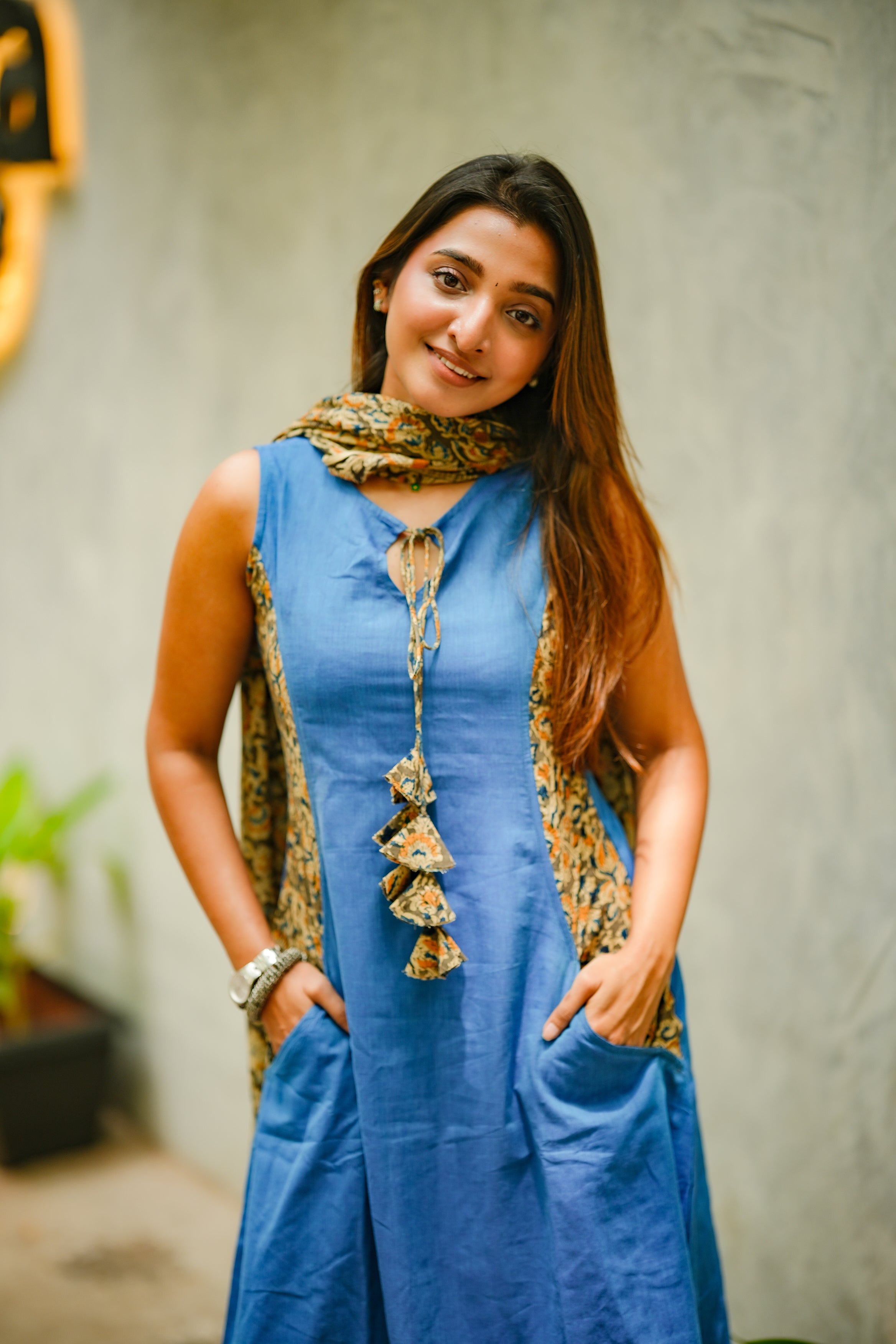 Disha ( blue ) - handloom cotton kalamkari A line suit set in blue colour