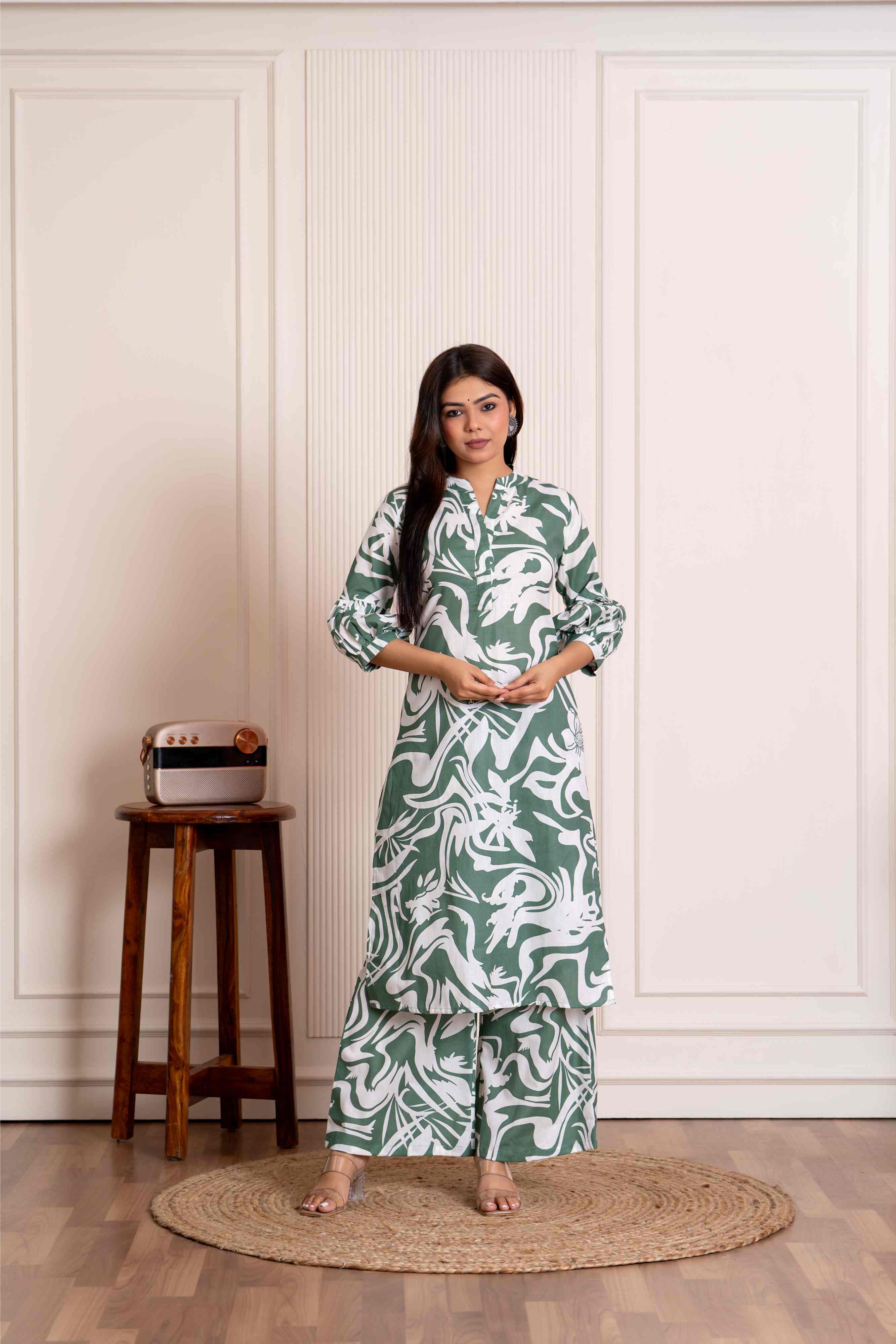 Prarthna ( green ) - abstract printed A line cotton flex kurta set in pastel green