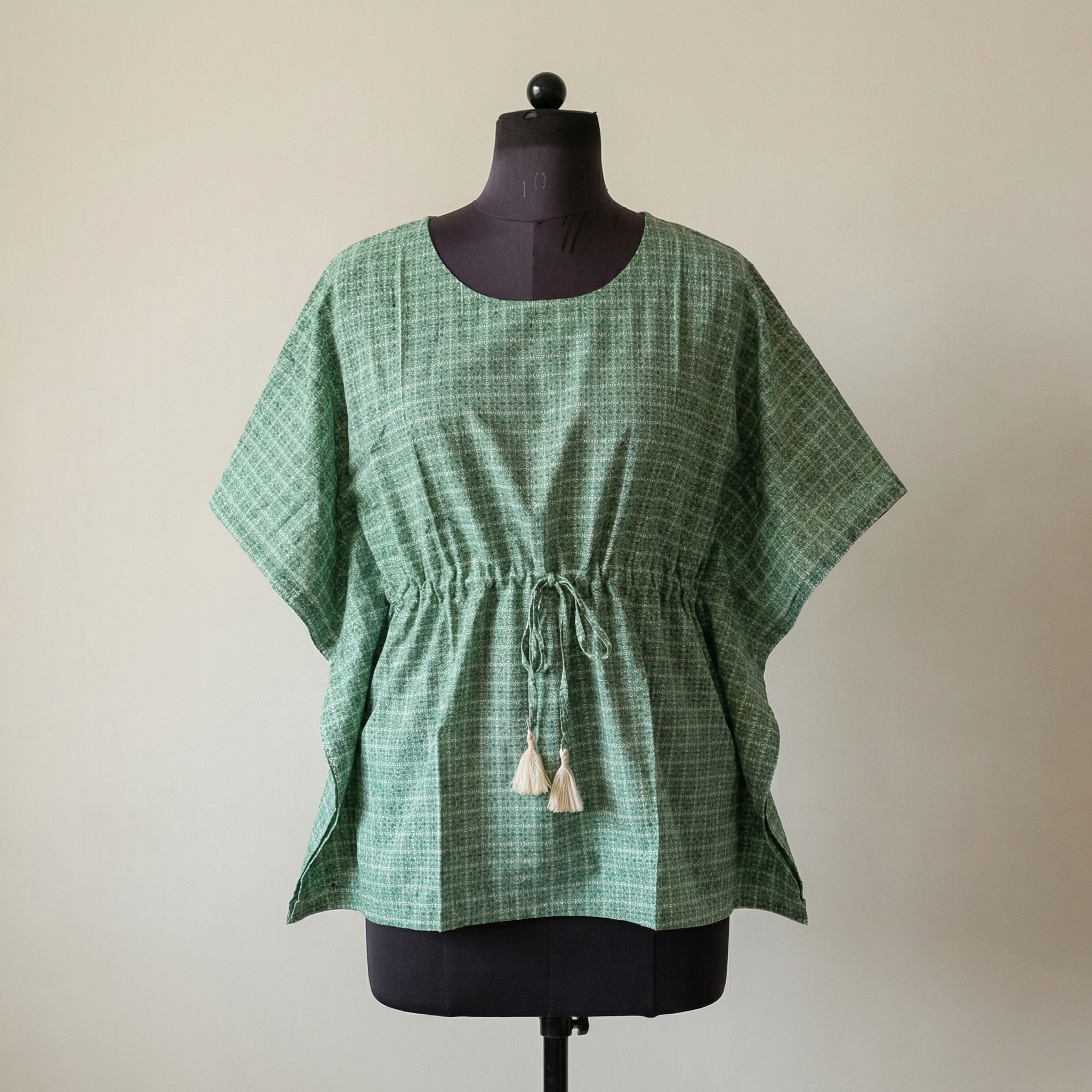 Kaftan Top #12- Check printed organic cotton kaftan top in light green