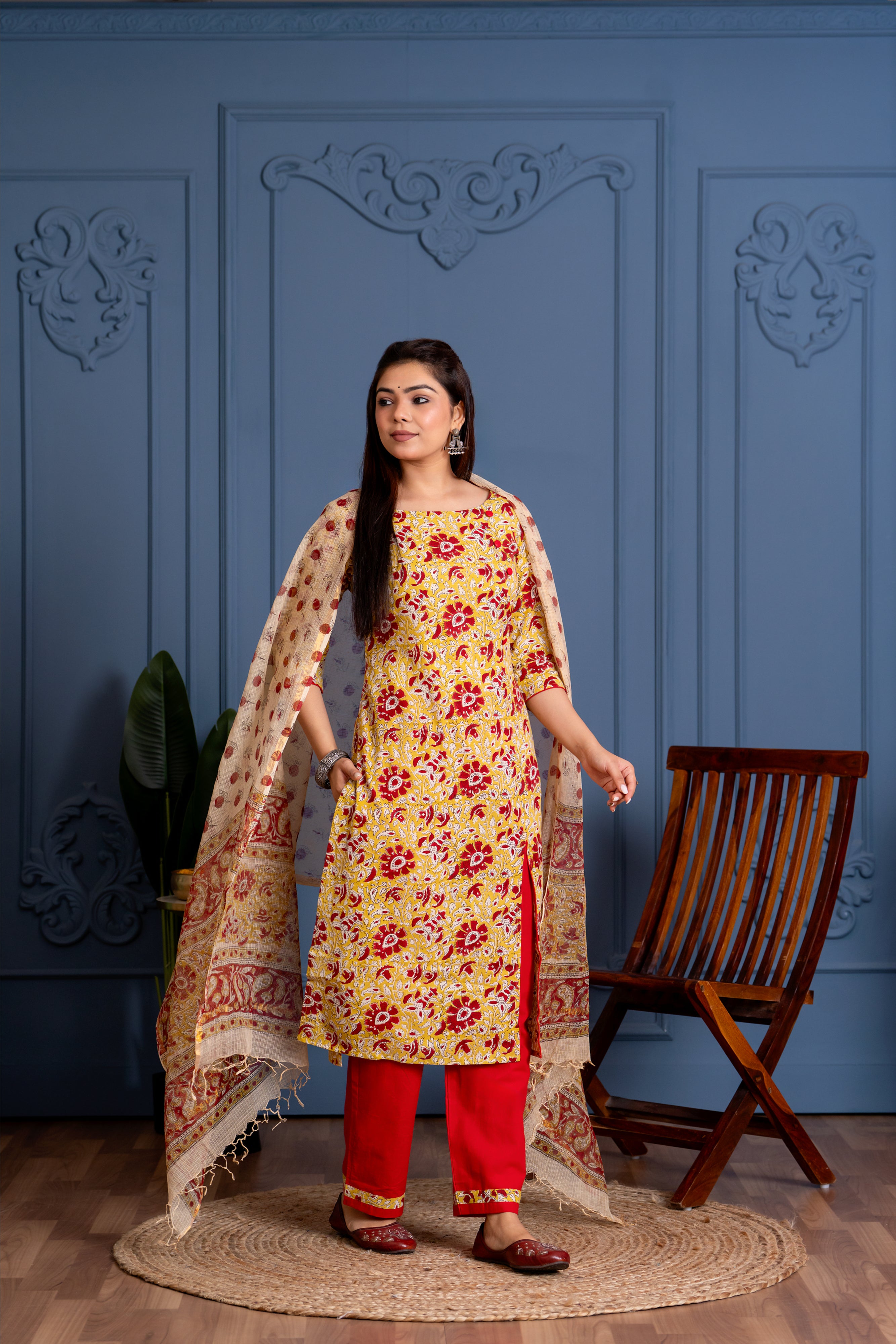 Barsa ( yellow)- handblocked printed cotton suit set in yellow and red