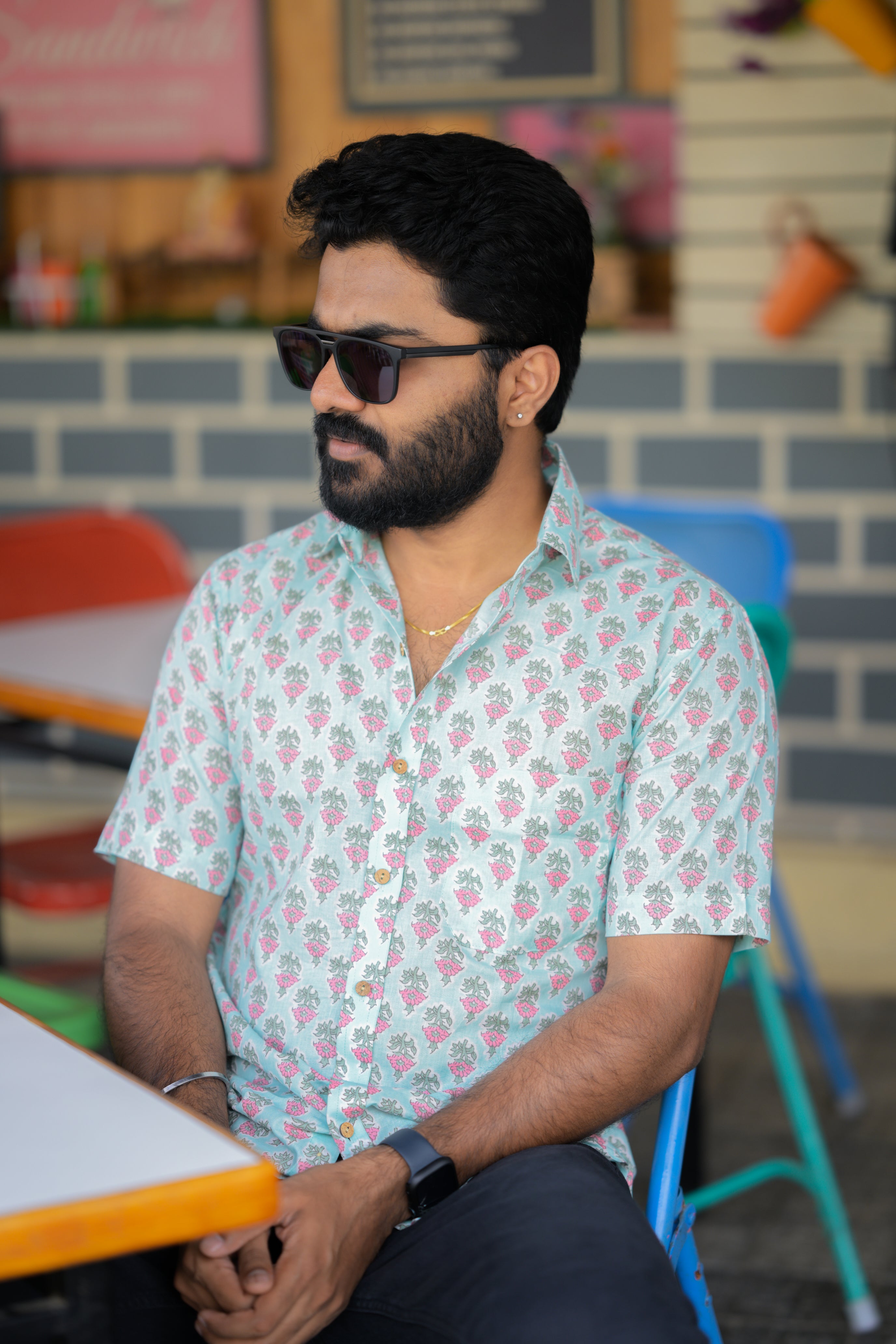 Shirt -25 - floral handblock printed organic cotton shirt in sky blue
