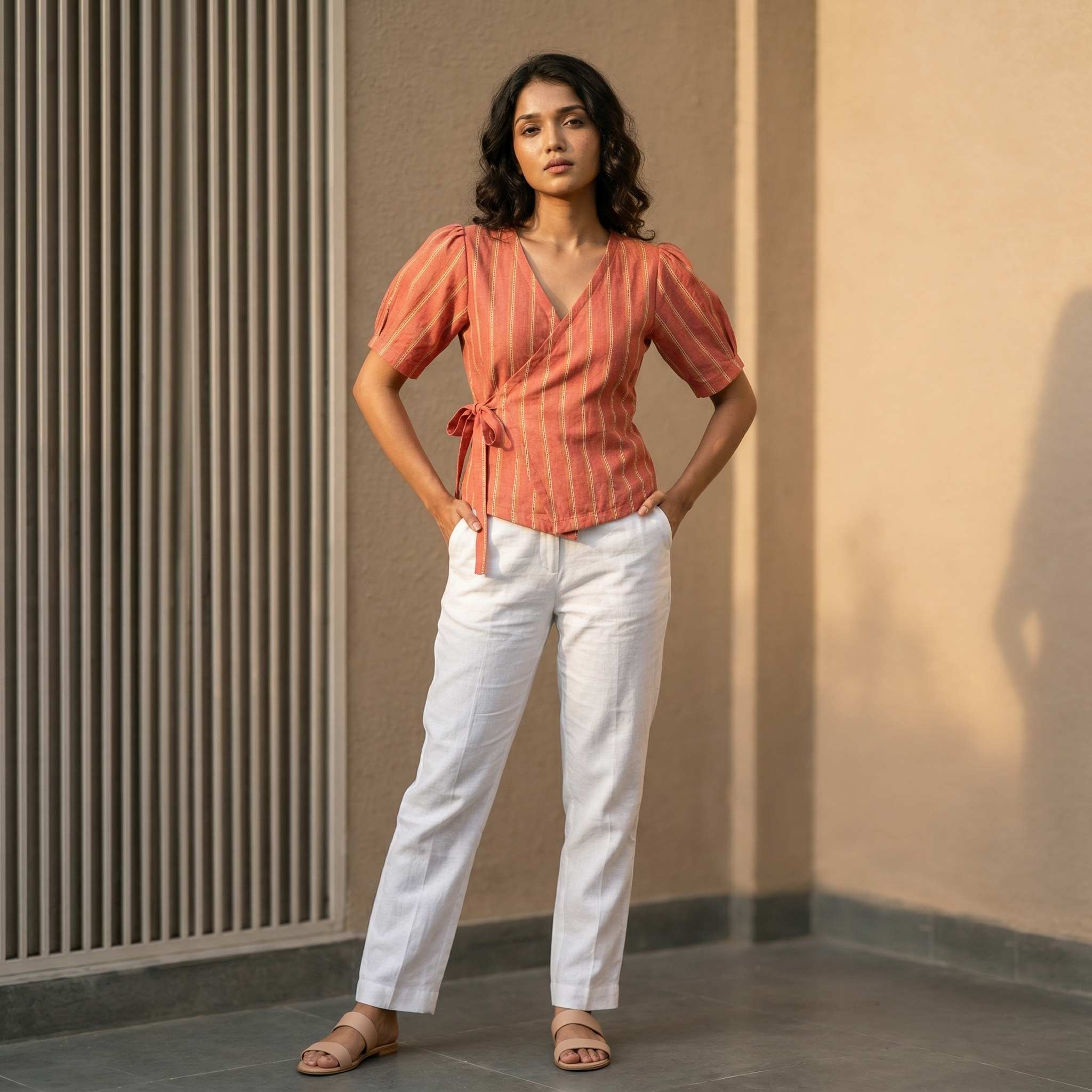 Crop top #95- handloom organic wrap on cotton top in rust orange