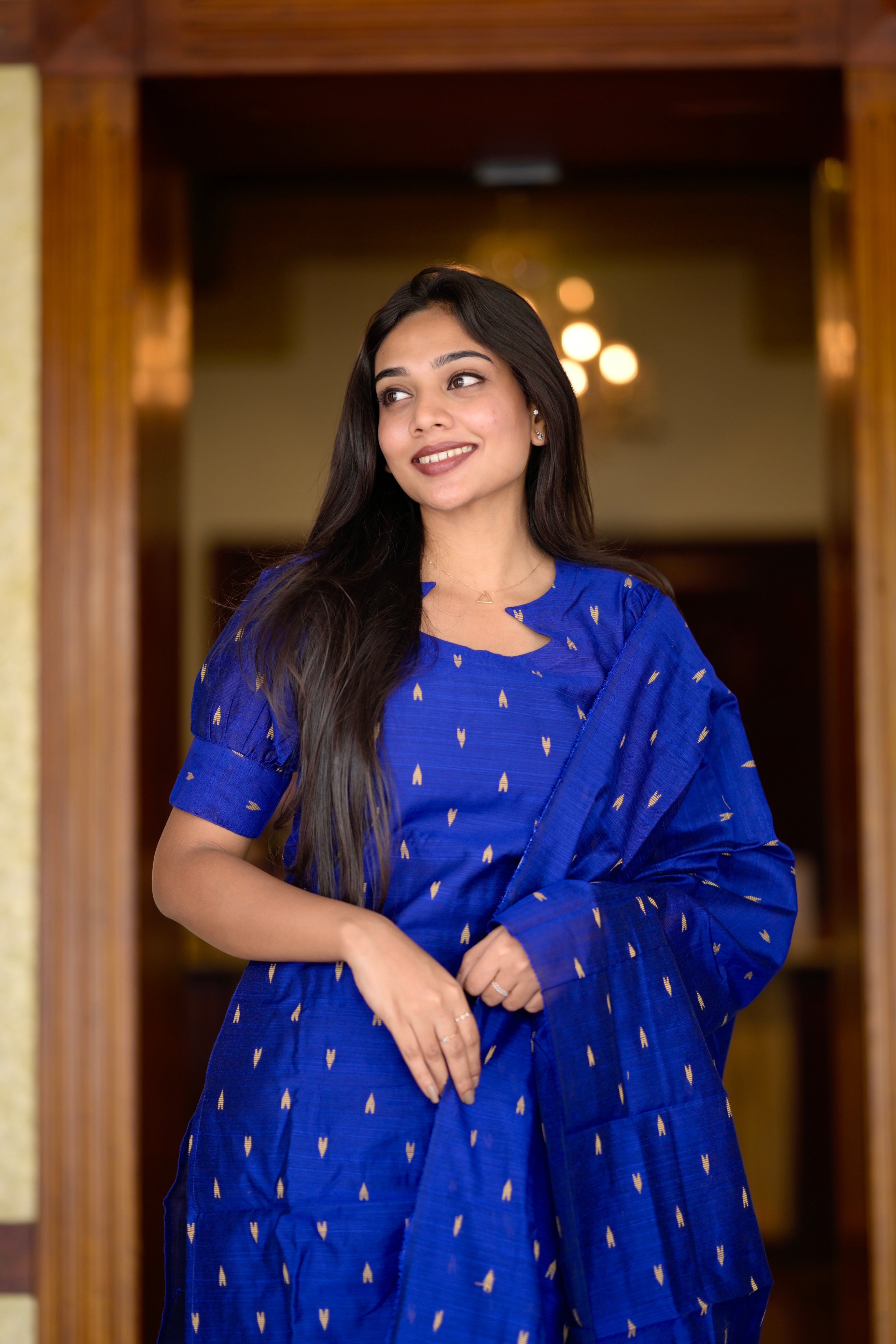 Varahi (royal blue ) - slub silk suit set in blue and gold colour combination