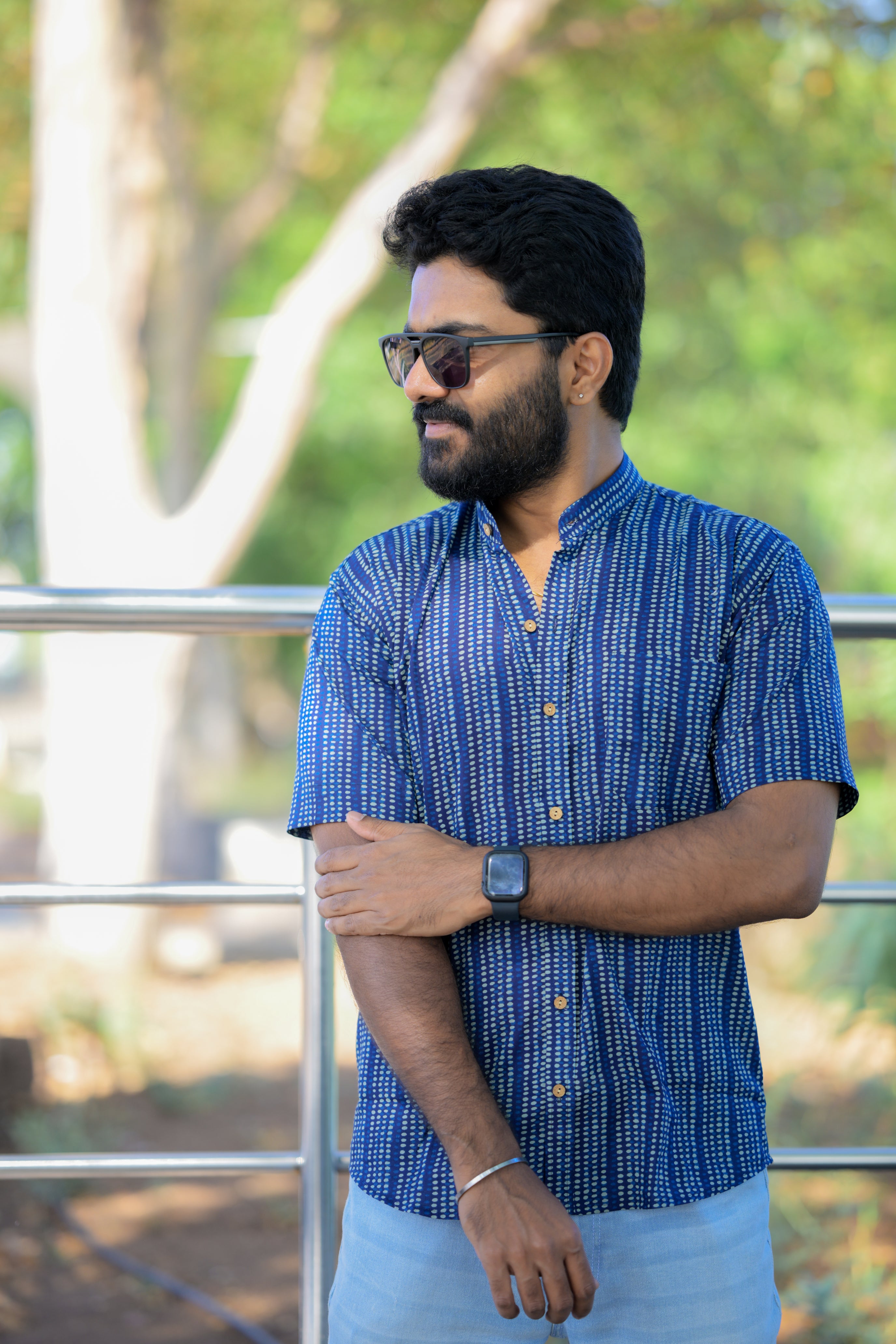 Shirt -22 - abstract handblock printed orangic cotton shirt in blue and white